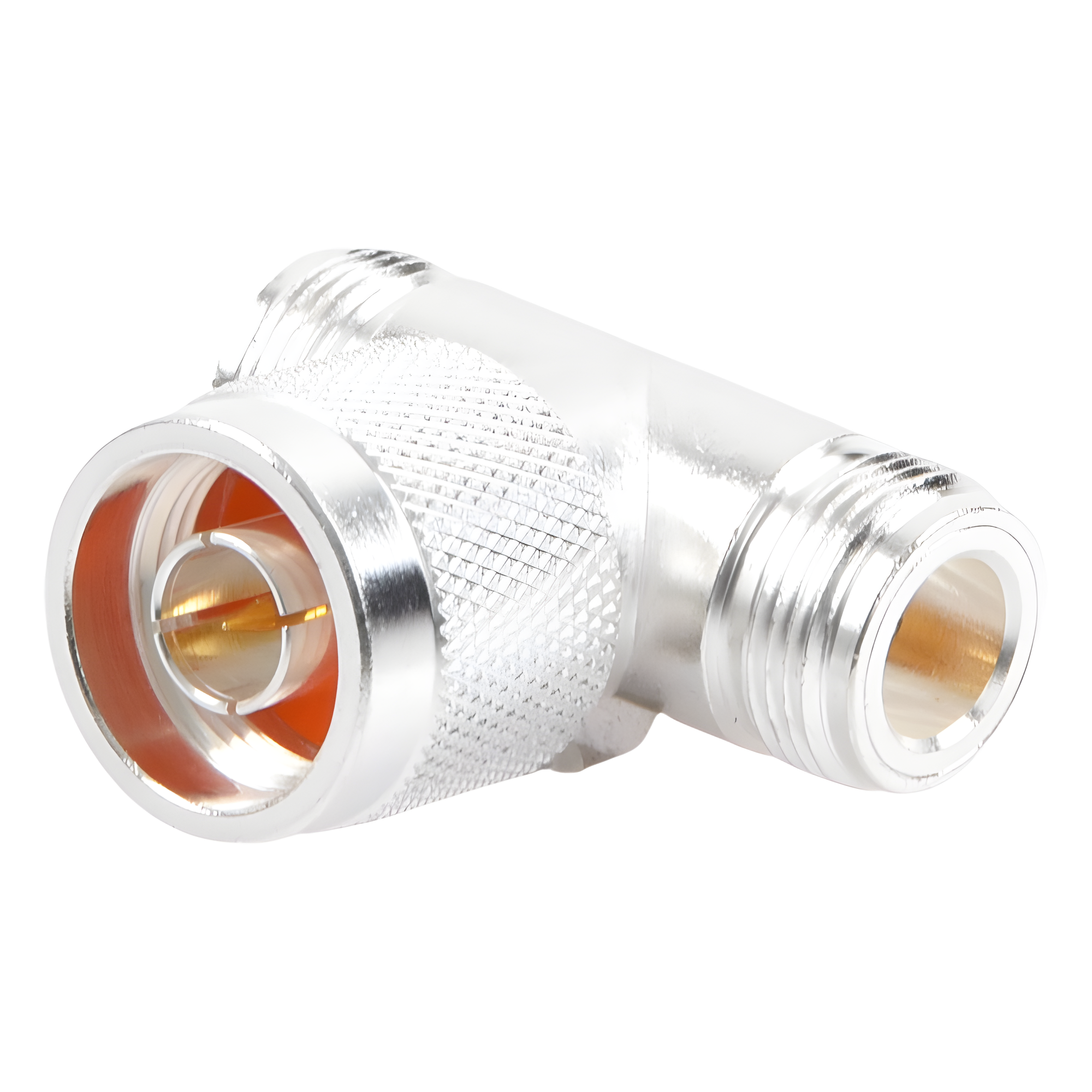 Adaptador RF en T / Conector N Macho a Doble N Hembra / Cuerpo Bronce Plateado / Contacto Oro / Aislante Teflón