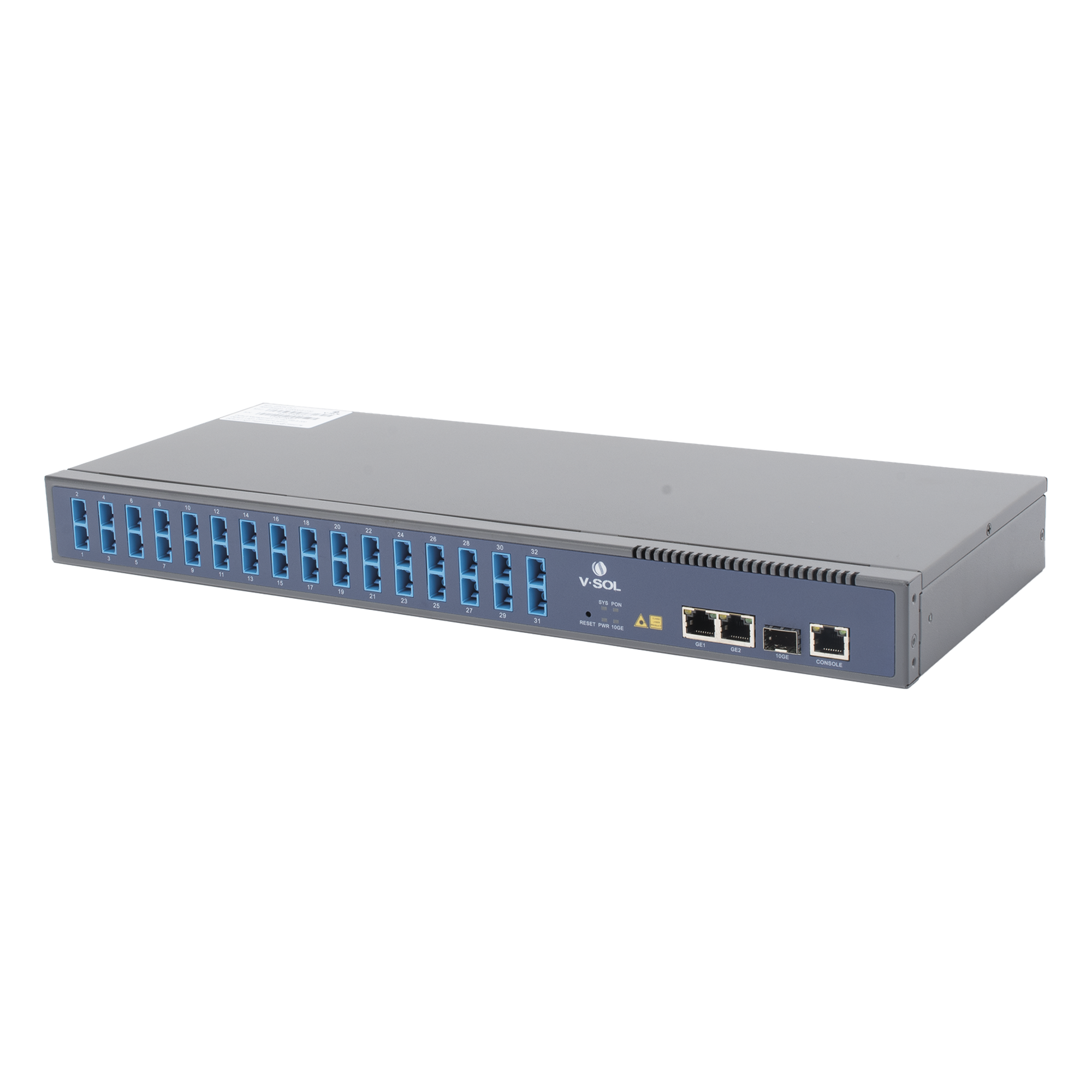 OLT GPON / 1 Puerto PON con Splitter 1:32 / 3 Uplink (2 GE + 1 SFP/SFP+) / Hasta 128 ONUs / 20 km / 1.73 ft Rack — V-SOL · SKU V1600GS-O32