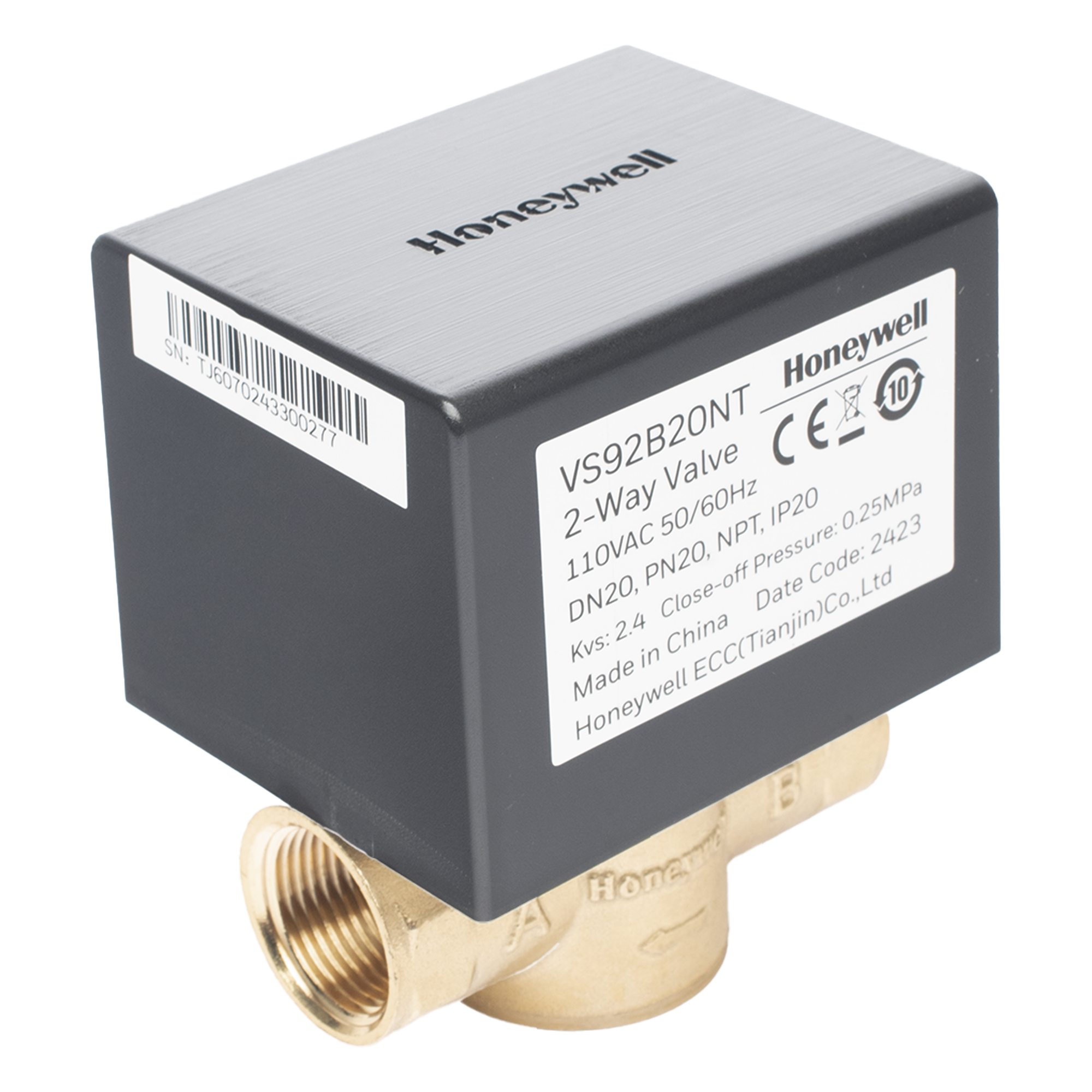 Válvula de Control Eléctrica 2 Vías / Retorno por Resorte NC / 110 V CA / DN20 3/4" NPT / PN20 / Agua 94 °C / Glicol 50% — HONEYWELL BMS · SKU VS92B20NT