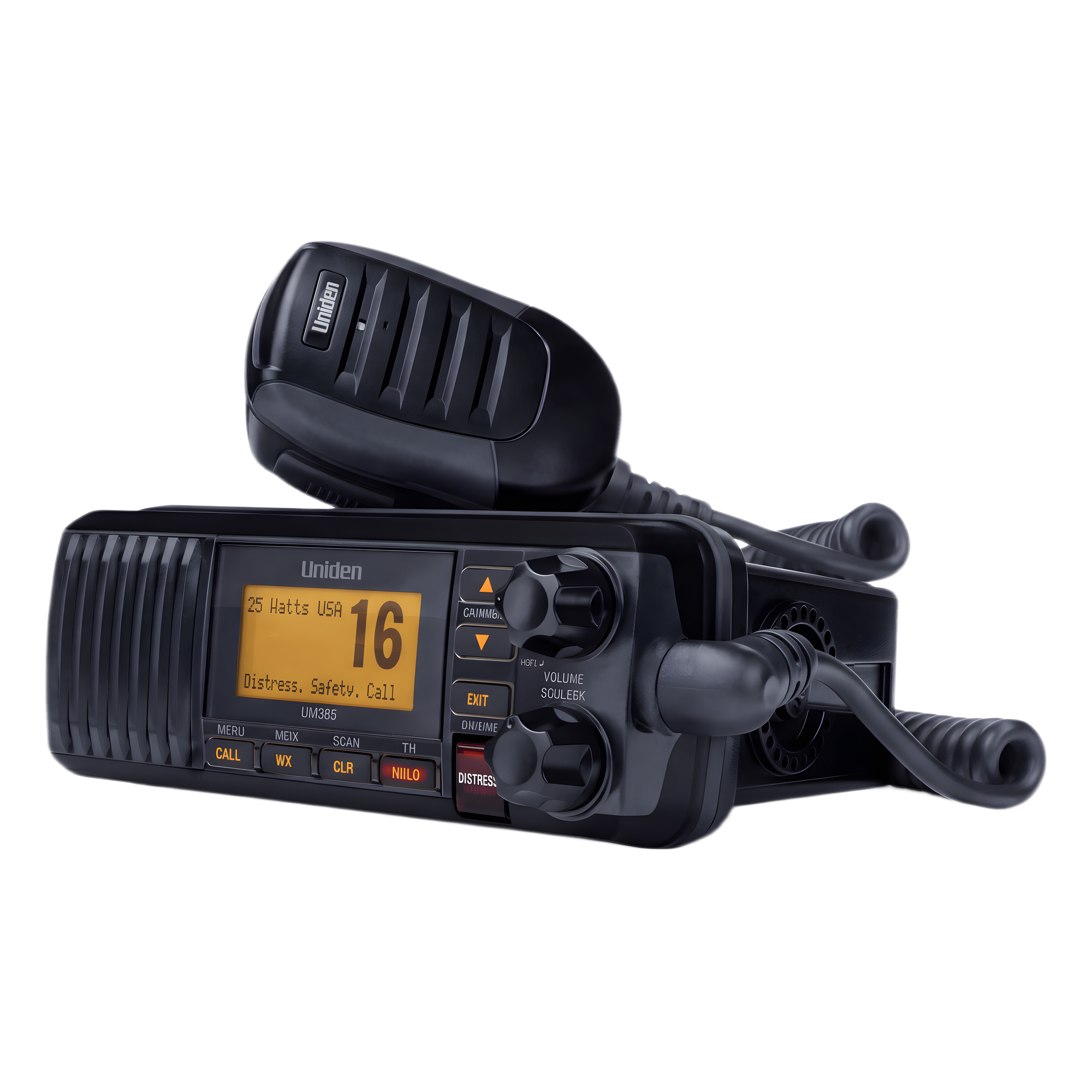 Radio Móvil Marino VHF / 25W / DSC Clase D con GPS / IPX4 / Pantalla LCD / Triple Watch — UNIDEN · SKU UM-385BK