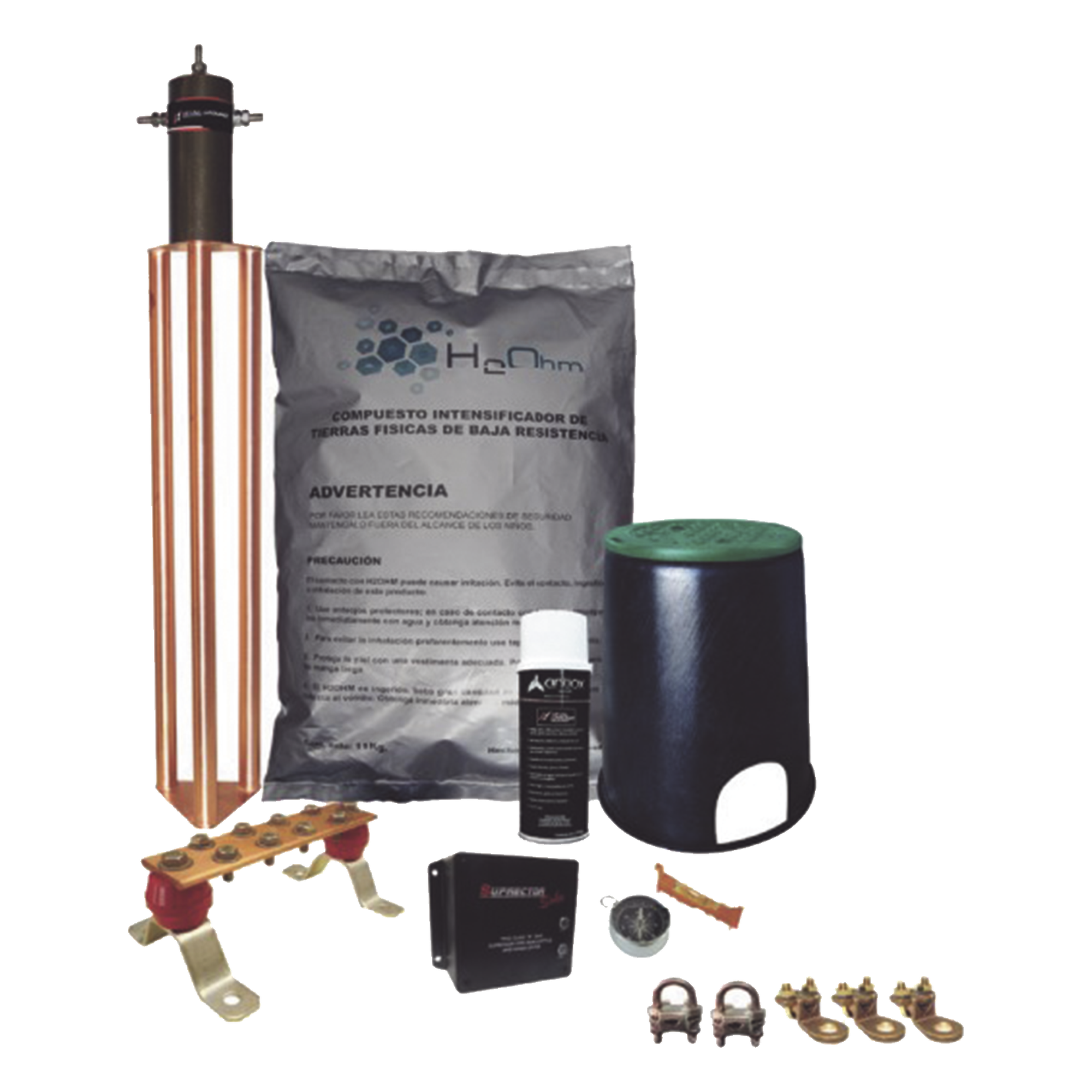 Kit de Tierra Física / Electrodo Magnetoactivo 45 A / Resistencia < 2 Ohm / Supresor de Picos SOHO / Instalación Permanente 20 Años — TOTAL GROUND · SKU KITMASTERTG-CONMV2