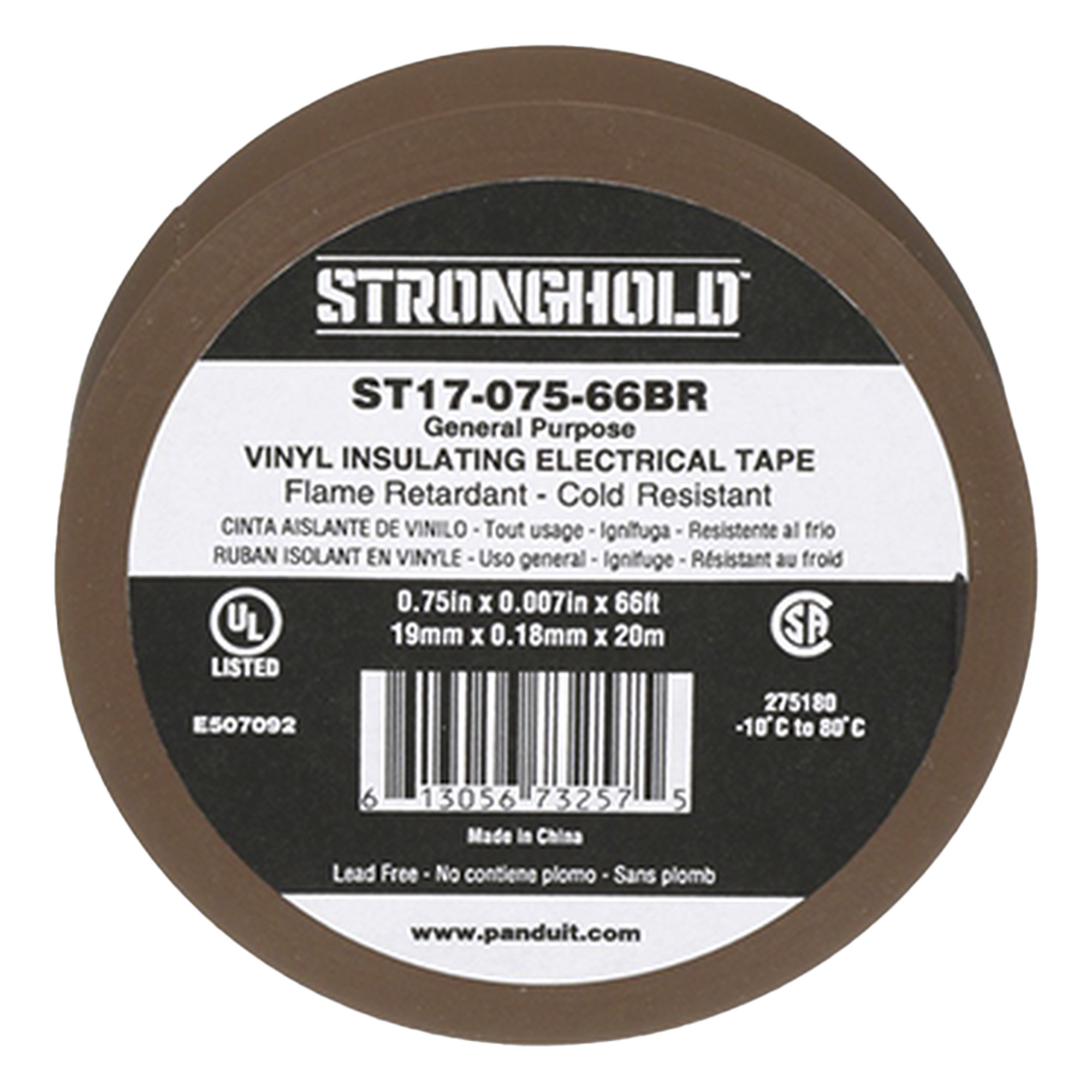 Cinta Aislante Eléctrica / PVC 0.18 mm / 19 mm x 20.12 m (66 ft) / 600V / Ignífuga UL 510 / -10°C a 80°C — PANDUIT · SKU ST17-075-66BR