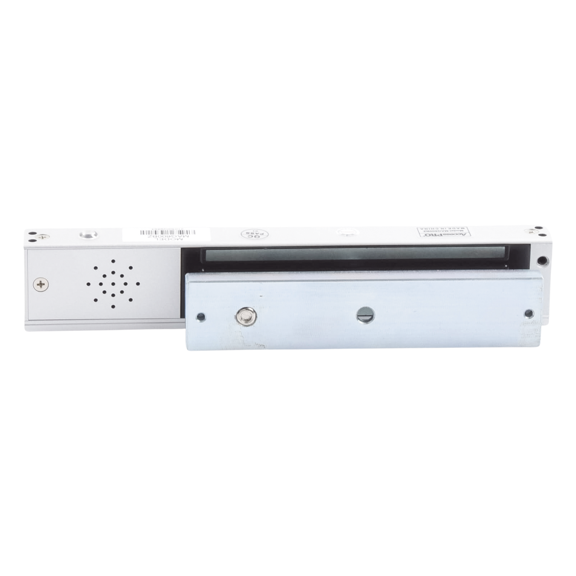 Chapa Magnética Electromagnética / 280 kg (600 lb) / Alarma Buzzer con Temporizador 5-30 s / Voltaje Dual 12/24 VDC / LED Estado / Libre Magnetismo Residual — ACCESSPRO · SKU MAG600BZ