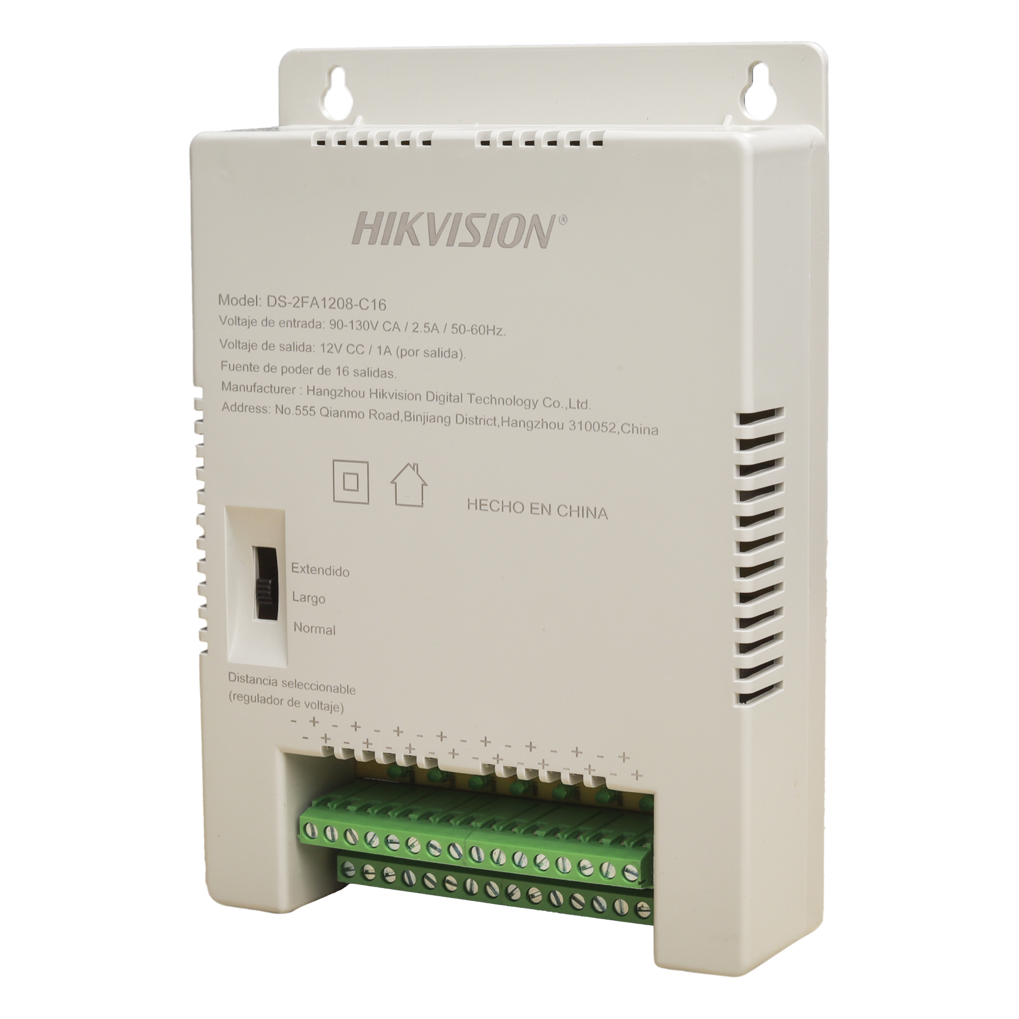 Fuente de Poder Regulada / 16 Salidas Independientes / 1 Amp por Salida / 12/13.5/15 Vcc Seleccionables / Entrada 90-130 VCA / Modo Largas Distancias — HIKVISION · SKU DS-2FA1208-C16/K