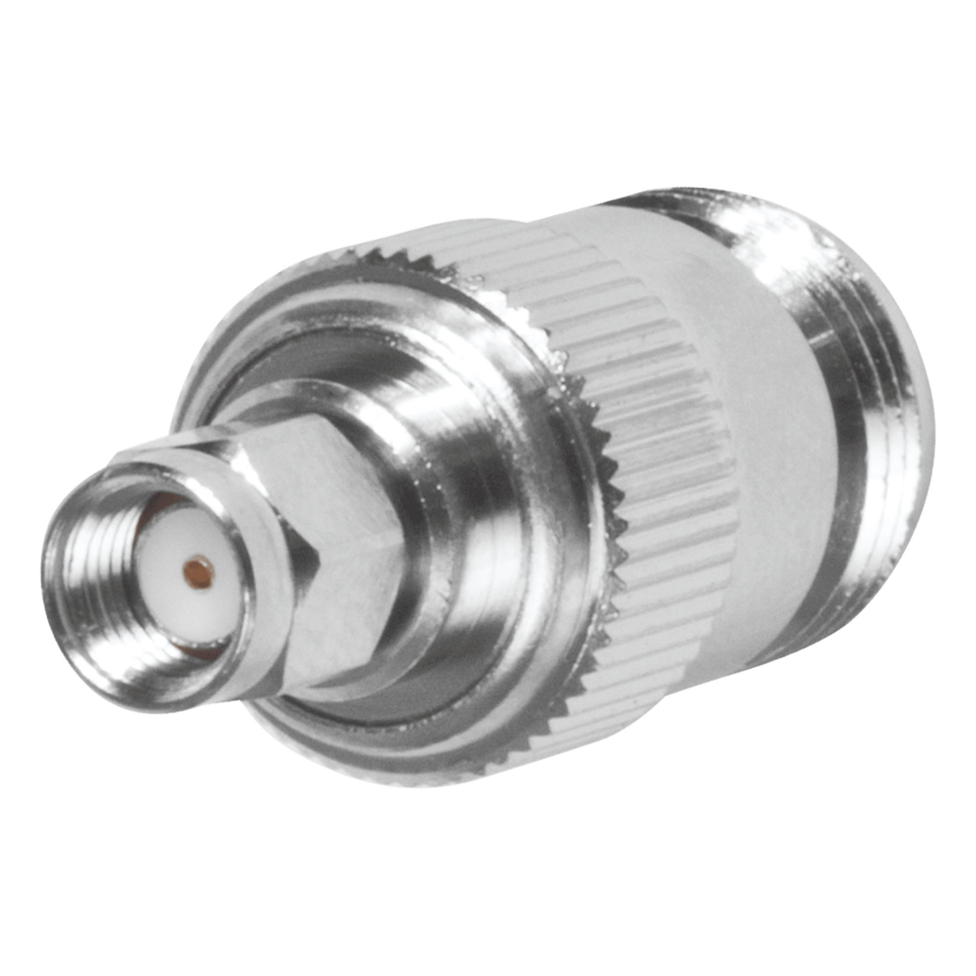 Adaptador Coaxial en Línea / SMA Macho Inverso a N Hembra / Frecuencia 18 GHz / Cuerpo Bronce Niquelado / Contacto Oro / Aislante Teflón — RF INDUSTRIES,LTD · SKU RP-3452