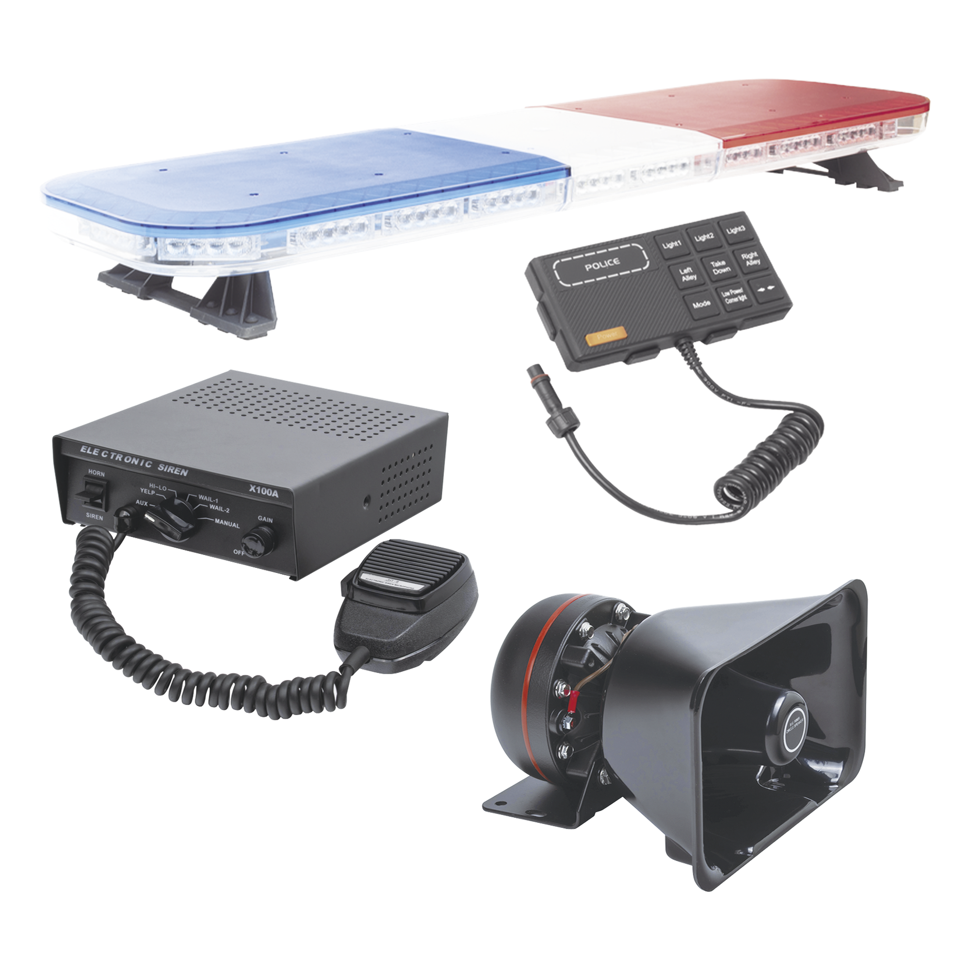Kit de Señalización para Seguridad Pública / Barra LED 118 cm (46.5 in) / 88 LEDs Hyperlux / Sirena 100W / Bocina 100W 8 Ohms / IP65 / SAE — EPCOM INDUSTRIAL SIGNALING · SKU X67-RB-KIT