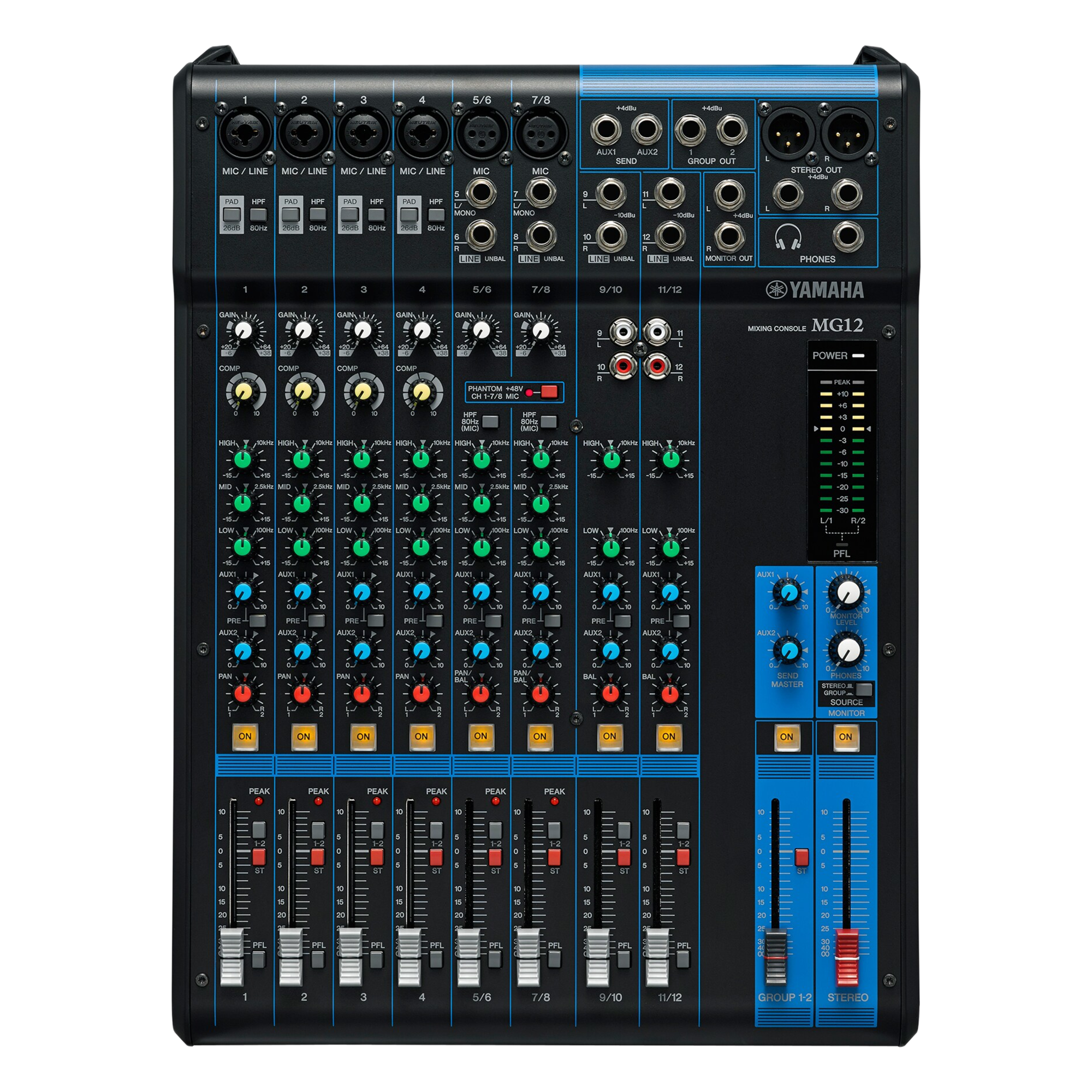 Mezcladora de Audio Analógica / 12 Canales / 6 Entradas Micrófono-Línea / 2 Buses de Grupo / Preamplificadores D-PRE / Compresores de 1 Mando