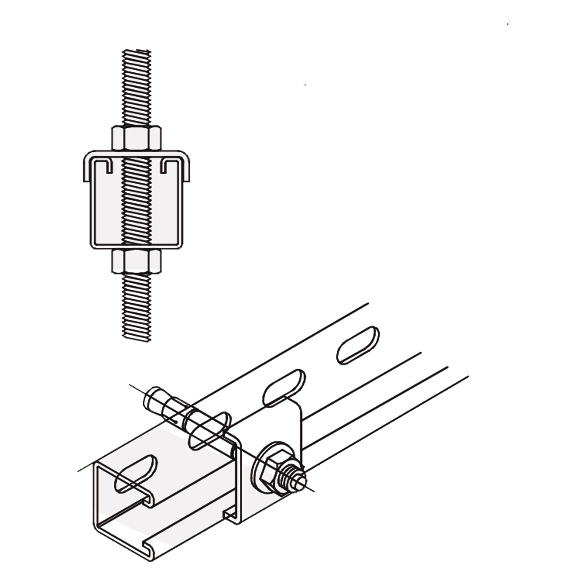 Tope Unicanal / Forma U / Tornillo 3/8" (9.5 mm) / Acero Galvanizado / Carga Pesada — ANCLO · SKU ANC-HA06