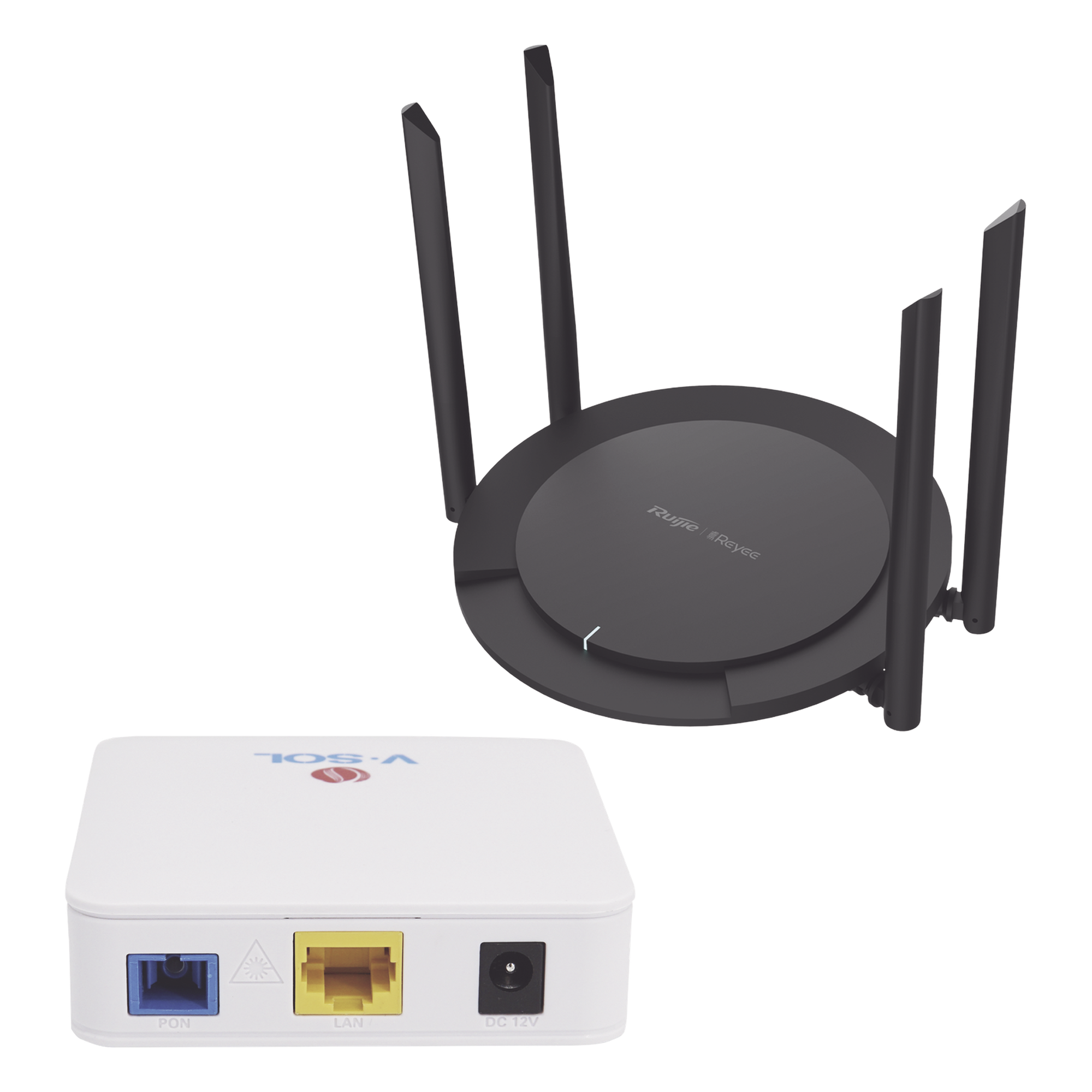 Kit ONU Bridge Dual GPON/EPON / Router Wi-Fi 4 Mesh / 4 Antenas 5 dBi / 5 Modos Operativos — RUIJIE · SKU KIT2-VPON-WIFI