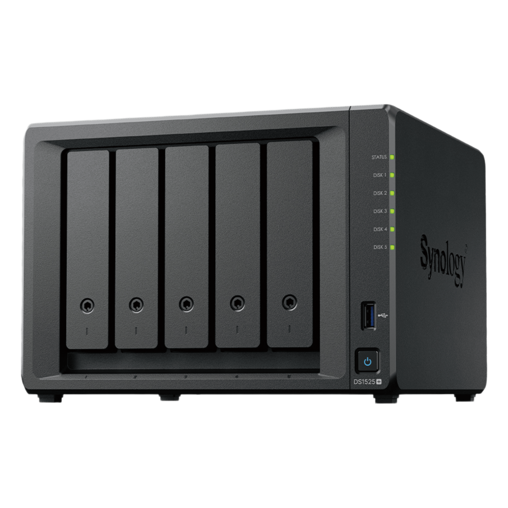 NAS 5 Bahías / Expansión 15 Bahías / 2 Puertos 2.5GbE / Soporte 10GbE / Caché SSD M.2 / Hasta 300 TB / Virtualización y Vigilancia — SYNOLOGY · SKU DS1525+