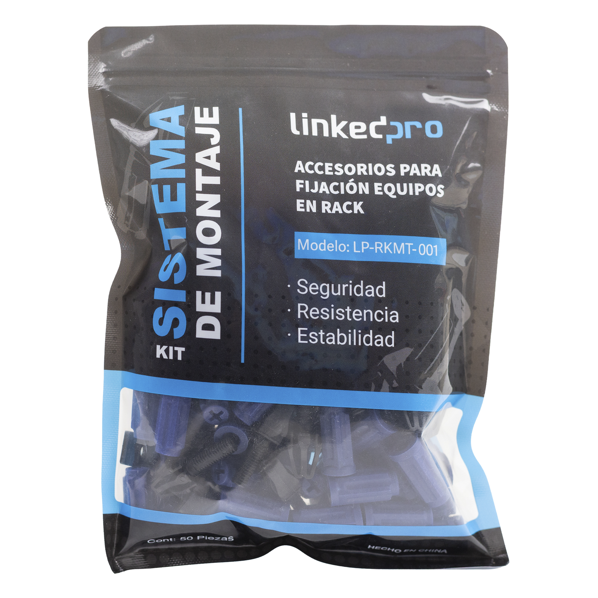 Kit de Montaje Rápido para Rack / Sin Tuercas Enjauladas / Carga 50 kg (110.2 lb) / 19 Pulgadas / 50 Piezas / Polímero Resistente — LINKEDPRO BY EPCOM · SKU LP-RKMT-001