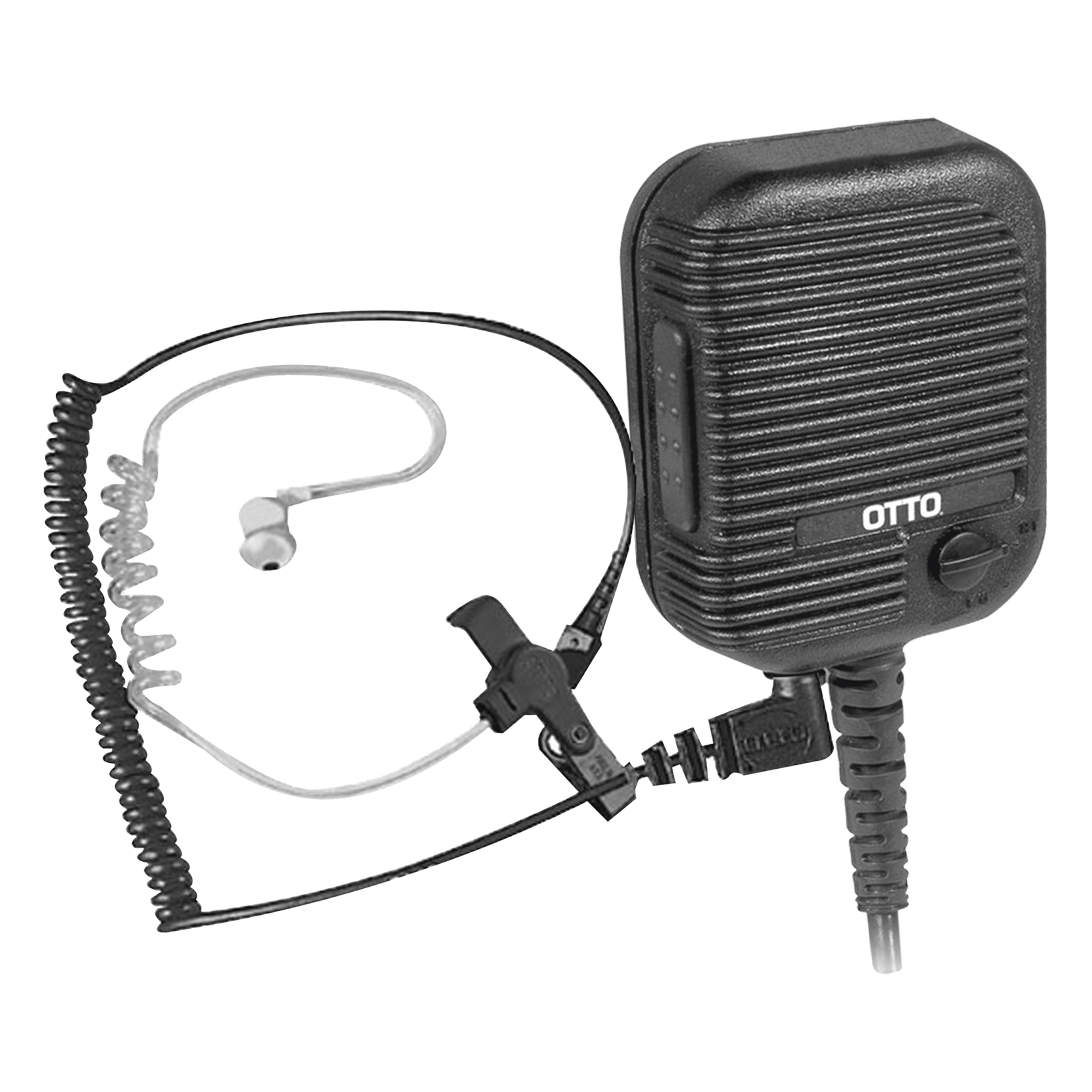 Micrófono-Bocina para Radio Portátil / Control de Volumen / PTT 1 Millón de Ciclos / Jack 2.5 mm / Cable Espiral 40 lb / Clip 360° / MIL-STD-810
