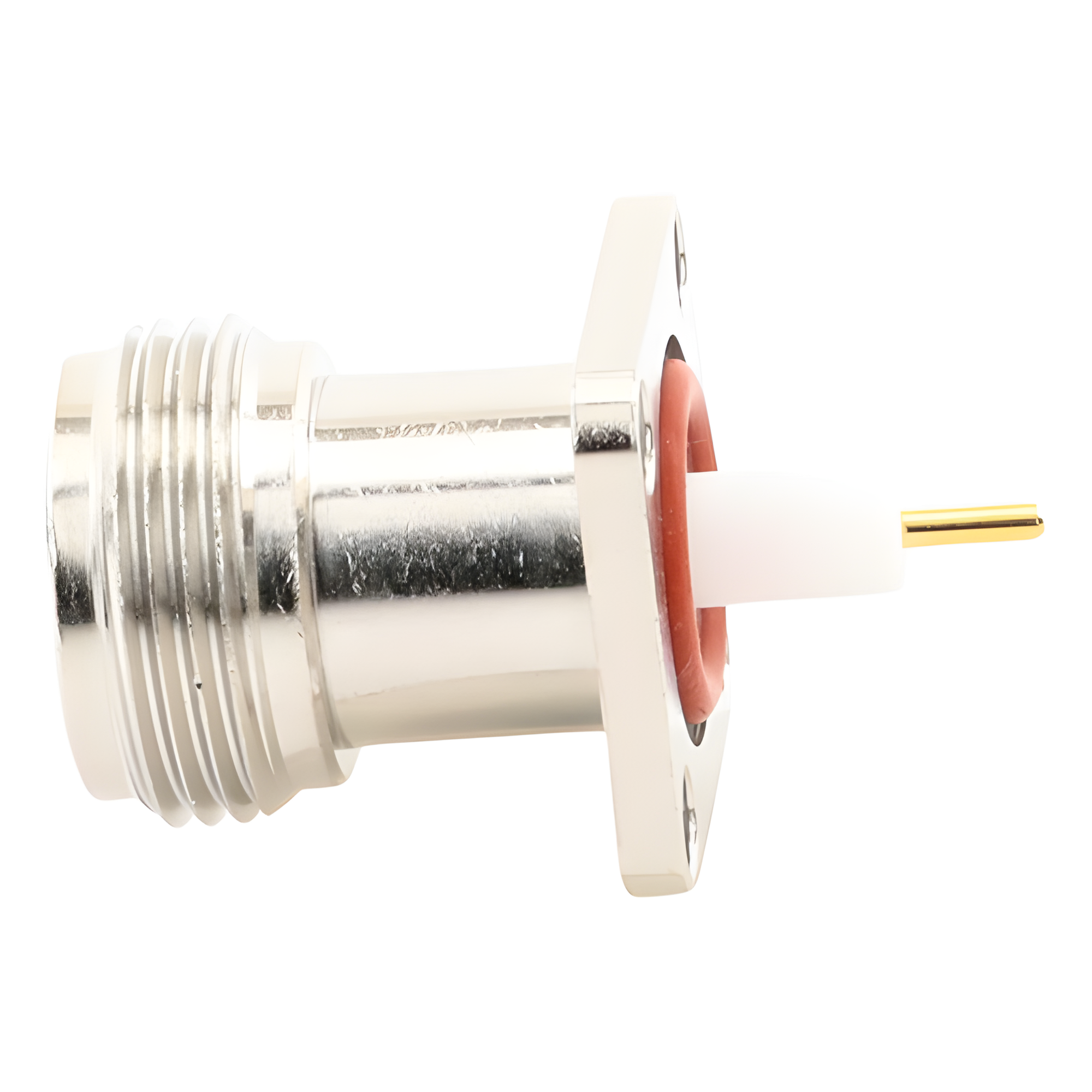 Conector RF N Hembra / Montaje Panel Cuadrado 17.5 mm / 4 Perforaciones 12.7 mm (0.5 in) / Soldable / Contacto Oro / Aislante Teflón