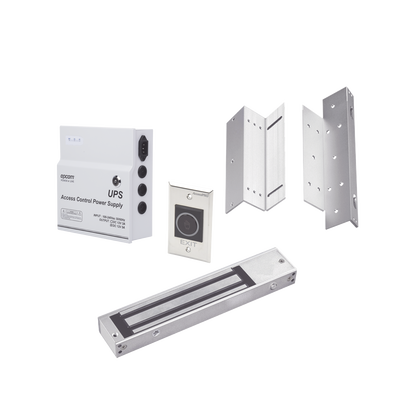 Kit para control de acceso incluye Fuente de 12VCD con respaldo de batería/ Chapa magnética de 600Lbs / Montajes L y Z / Botón de salida 