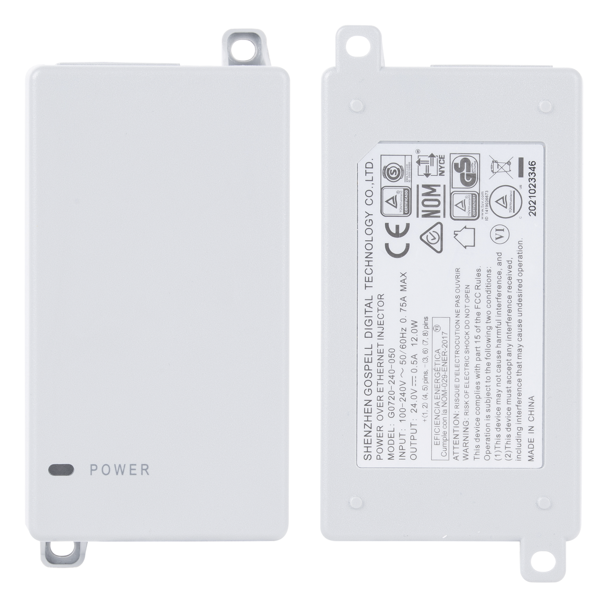 Inyector PoE Pasivo Gigabit / 24V CC / 0.5A / 100-240V Entrada / Montaje en Pared