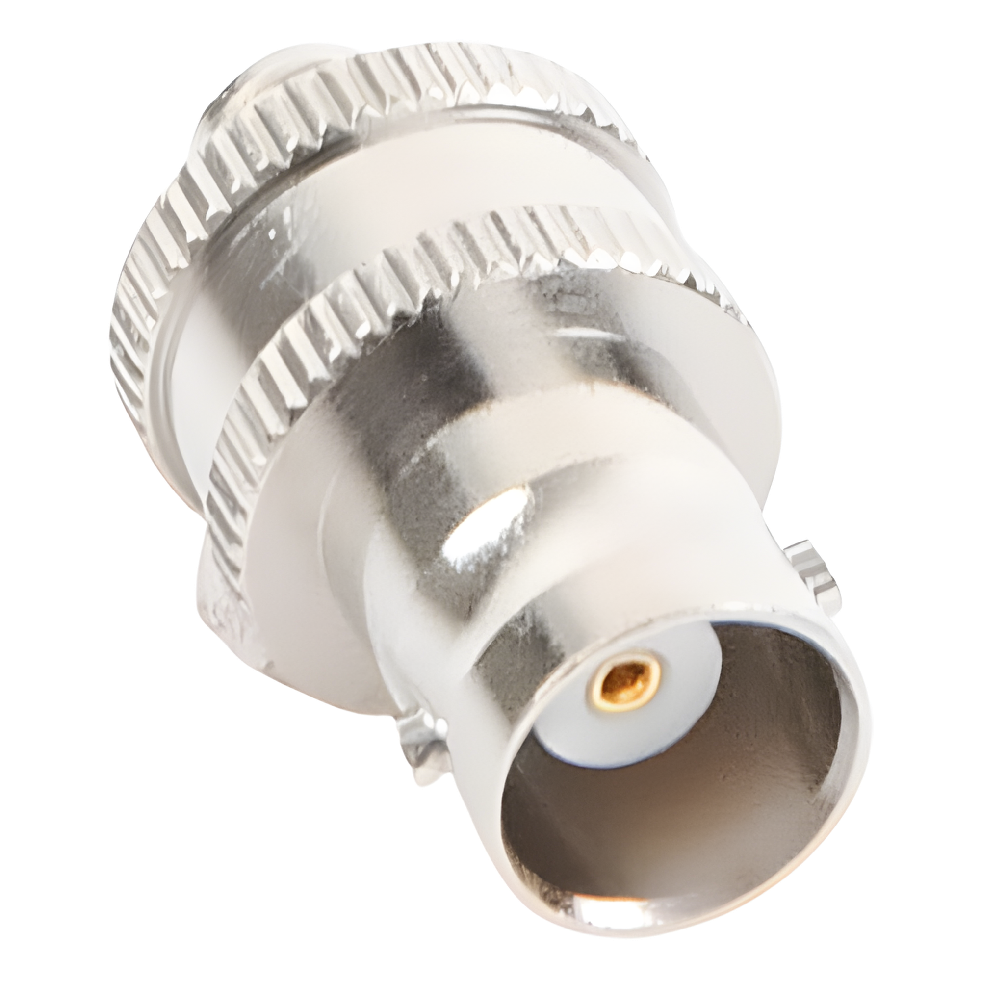 Adaptador de Conector RF / BNC Hembra a SMA Hembra / Montaje en Línea / Cuerpo Niquelado / Contacto de Oro / Aislante de Teflón