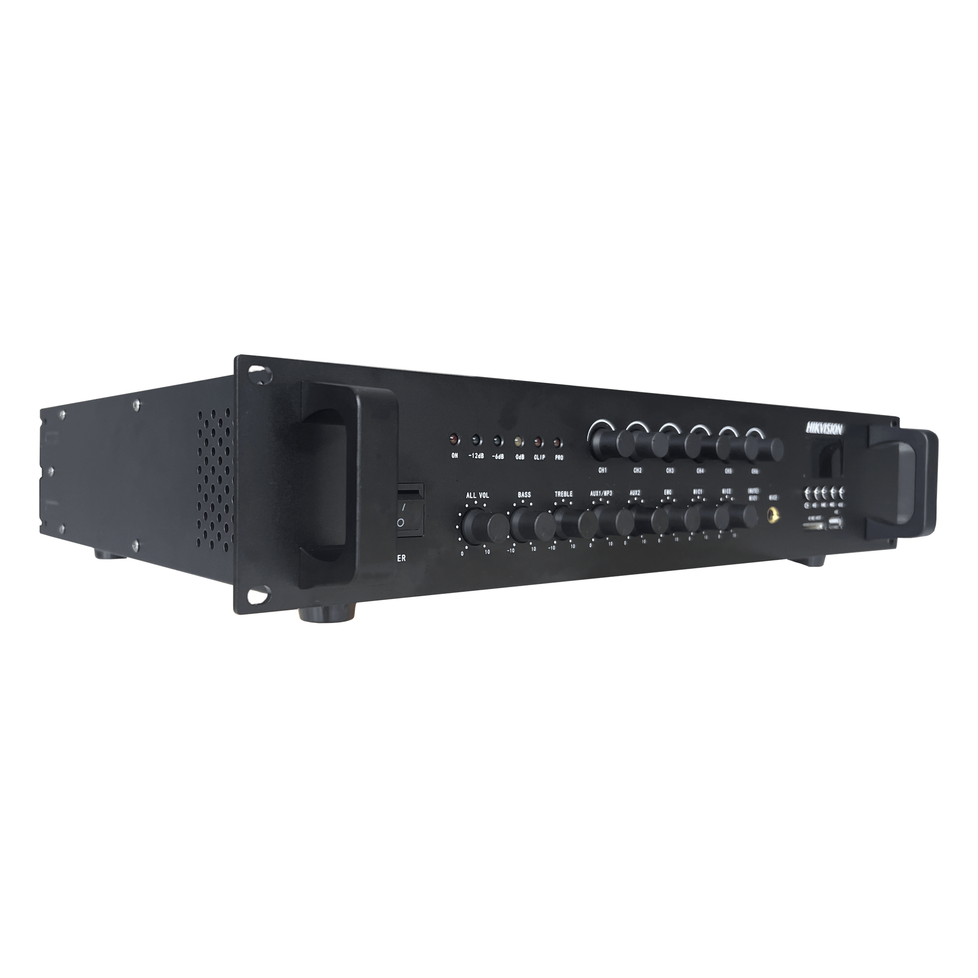 Amplificador de Audio / 120 W / 6 Zonas / Bluetooth / USB 2.0 / Lector SD / 2 Micrófonos / Entrada EMC / 70/100V / Montaje en Rack — HIKVISION · SKU DS-QAE0A120G1-VB6/110