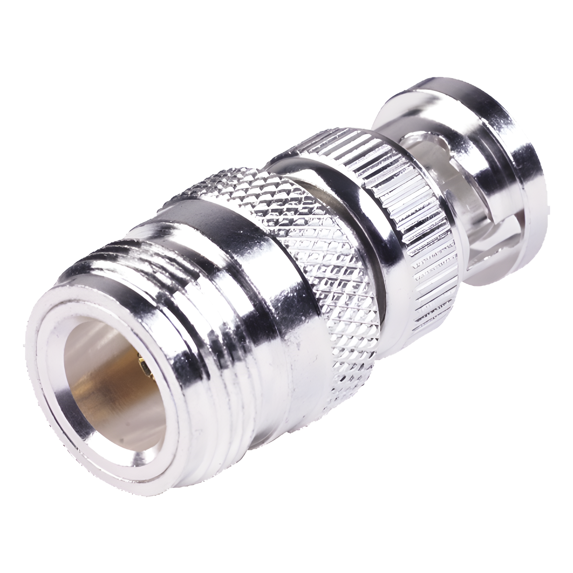Adaptador RF Coaxial / 50 Ohm / N Hembra a BNC Macho / Montaje en Línea / Cuerpo Bronce Plateado / Contacto Oro / Aislante Teflón — RF INDUSTRIES,LTD · SKU RFN-1038-1
