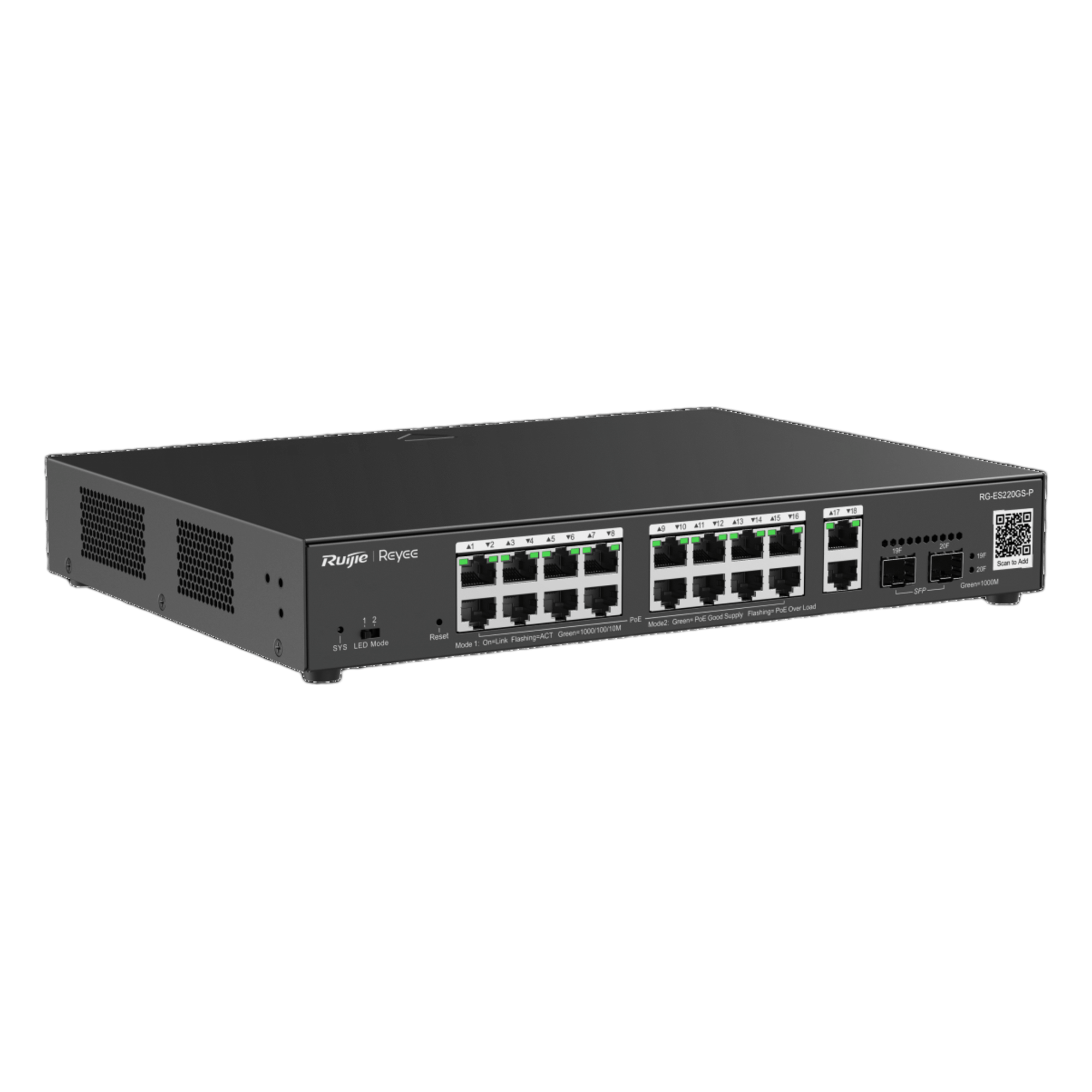 Switch PoE Administrable / 16 Puertos Gigabit PoE+ / 2 SFP 1Gb / 250W / 40 Gbps / Gestión en la Nube — RUIJIE · SKU RG-ES220GS-P