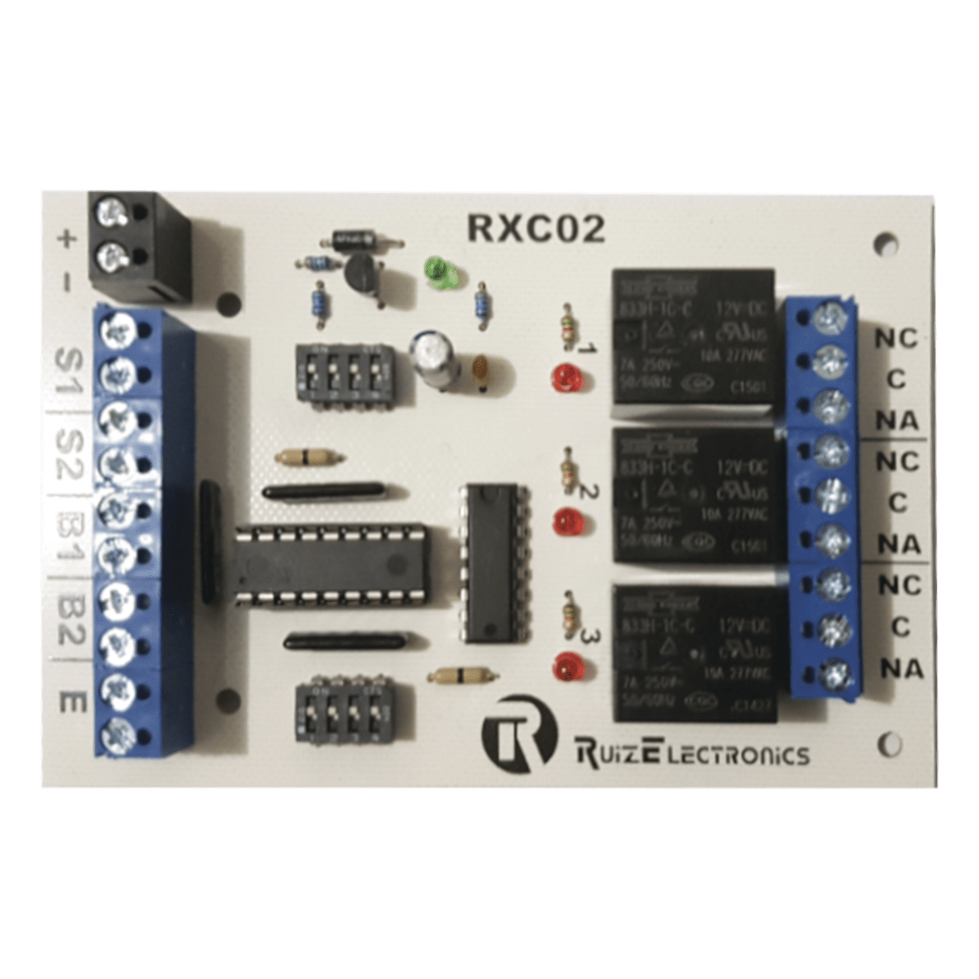Controlador de Esclusa / 2 Puertas / 3 Relevadores / Temporizadores 0-30 s / 12 VCC / Entrada de Emergencia — Ruiz Electronics · SKU RXC02