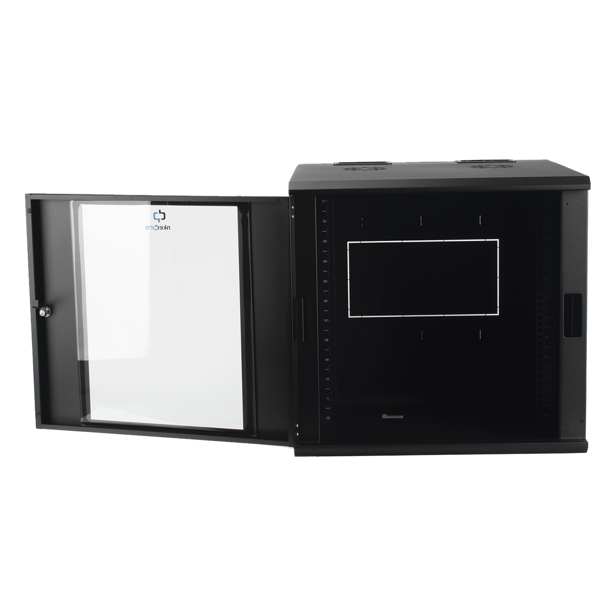 Gabinete de Pared Abatible / Rack 19" 12U / Ventana Cristal Templado / Apertura 120° / Laterales Removibles