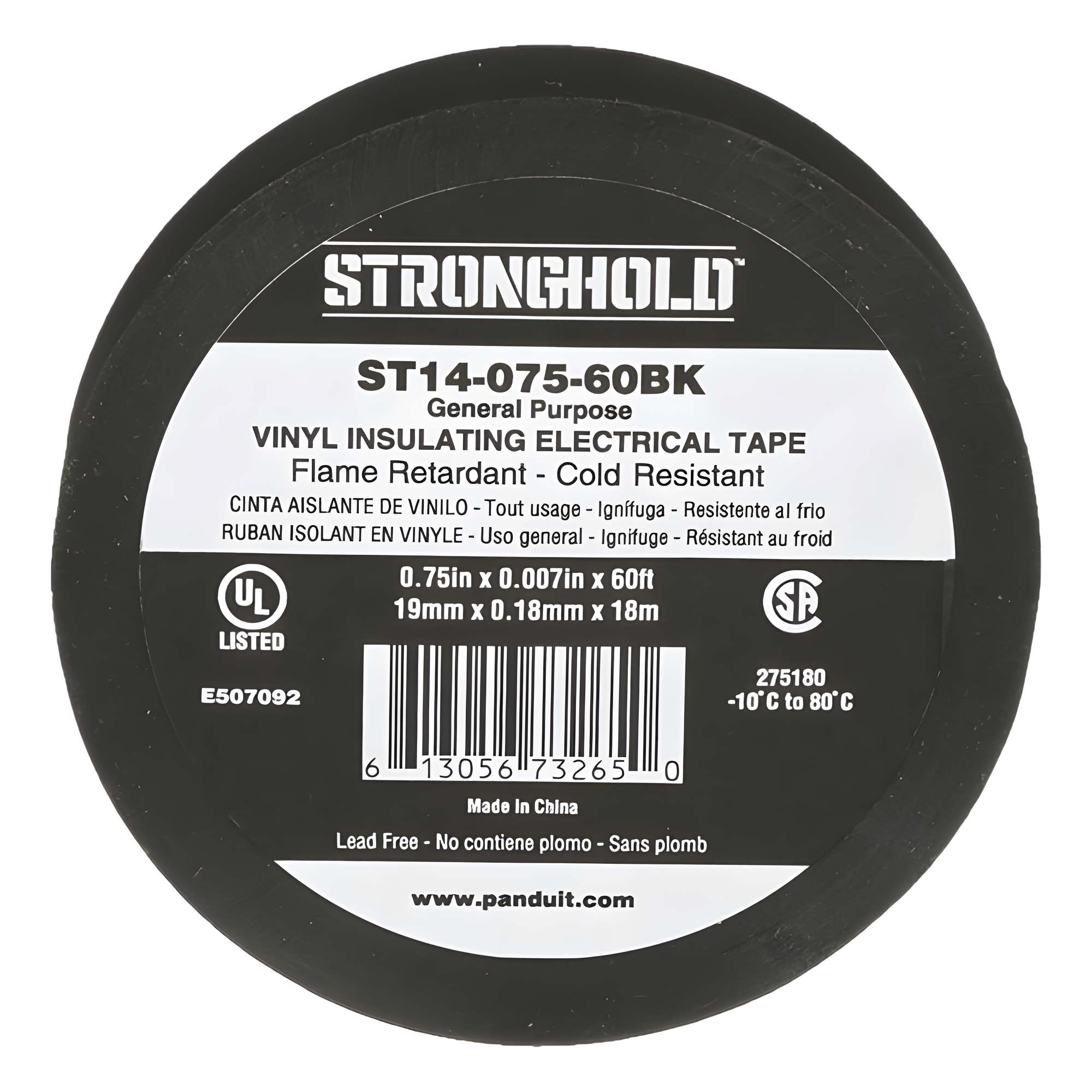 Cinta Aislante Eléctrica / PVC 0.18 mm / 19 mm x 18 m / 600V / UL 510 Ignífugo / -10°C a 80°C / Interior/Exterior — PANDUIT · SKU ST14-075-60BK