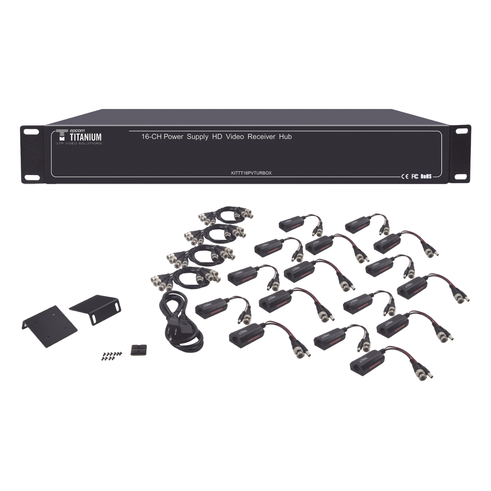 Kit Transceptor Activo / 16 Canales / Video + Potencia por UTP / 4K a 150 m (492.1 ft) / Rack 19" / HD-TVI/CVI/AHD/CVBS — EPCOM TITANIUM · SKU KITTT16PVTURBOX