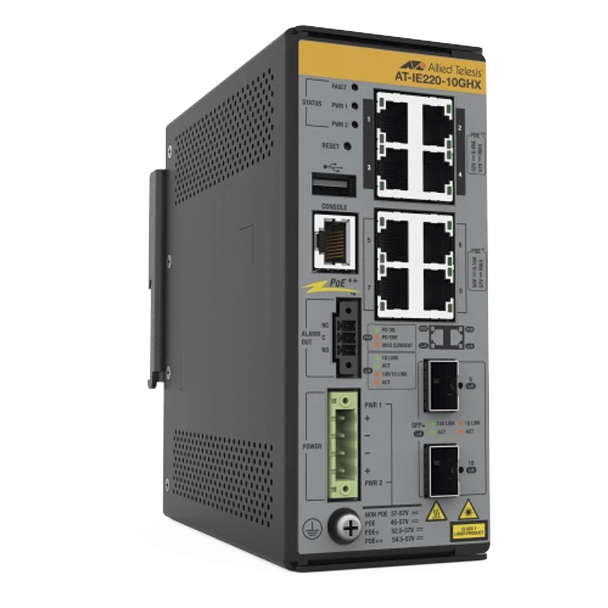 Switch Industrial Ethernet / 8 Puertos PoE++ Gigabit / 2 Puertos SFP+ 10G / Layer 2+ / -40°C a 75°C / Sin Ventilador — ALLIED TELESIS · SKU AT-IE220-10GHX-980