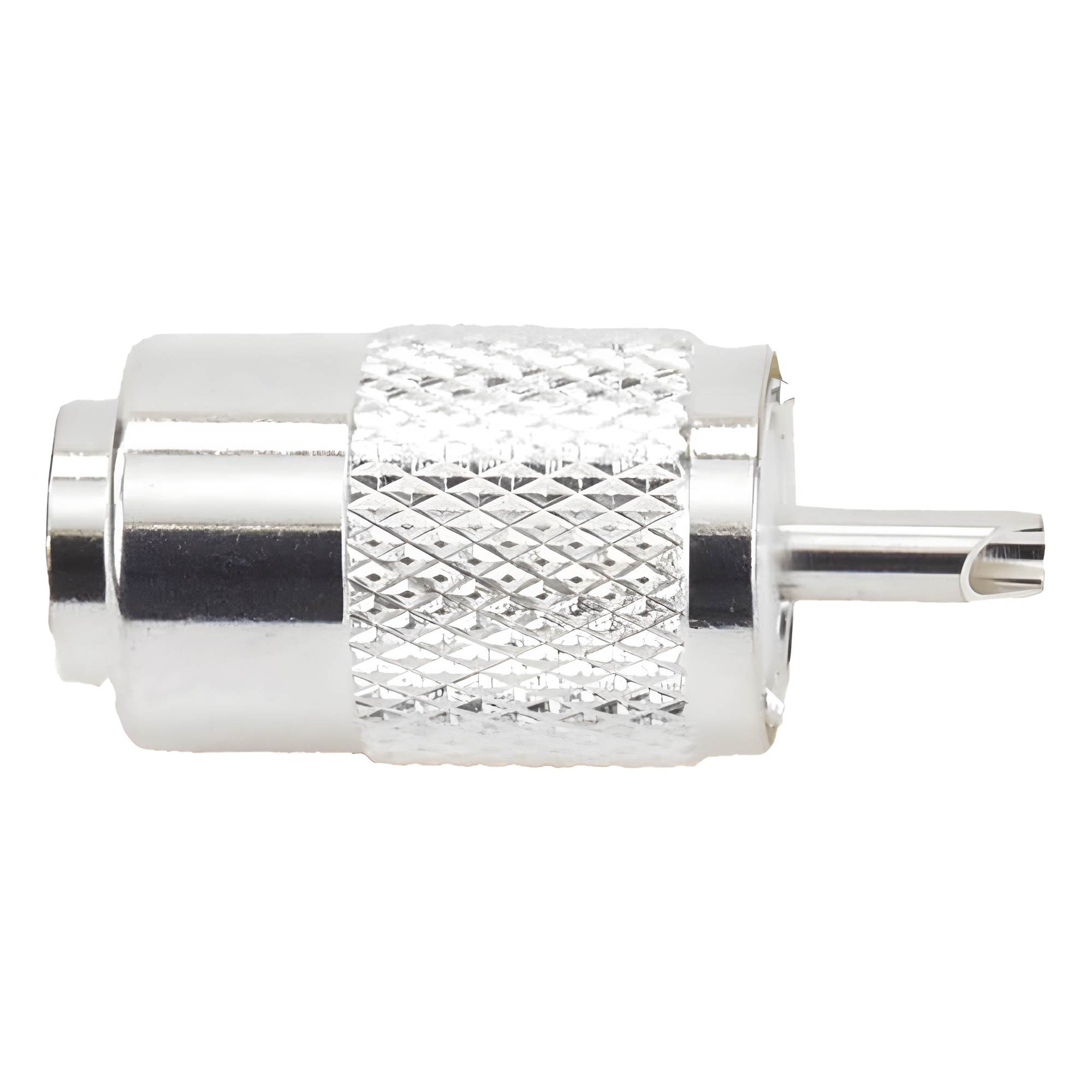 Conector UHF Macho / Compatibilidad RG-8/U y Derivados / Aislante de Teflón / Cuerpo de Bronce Plateado / Rosca Especial