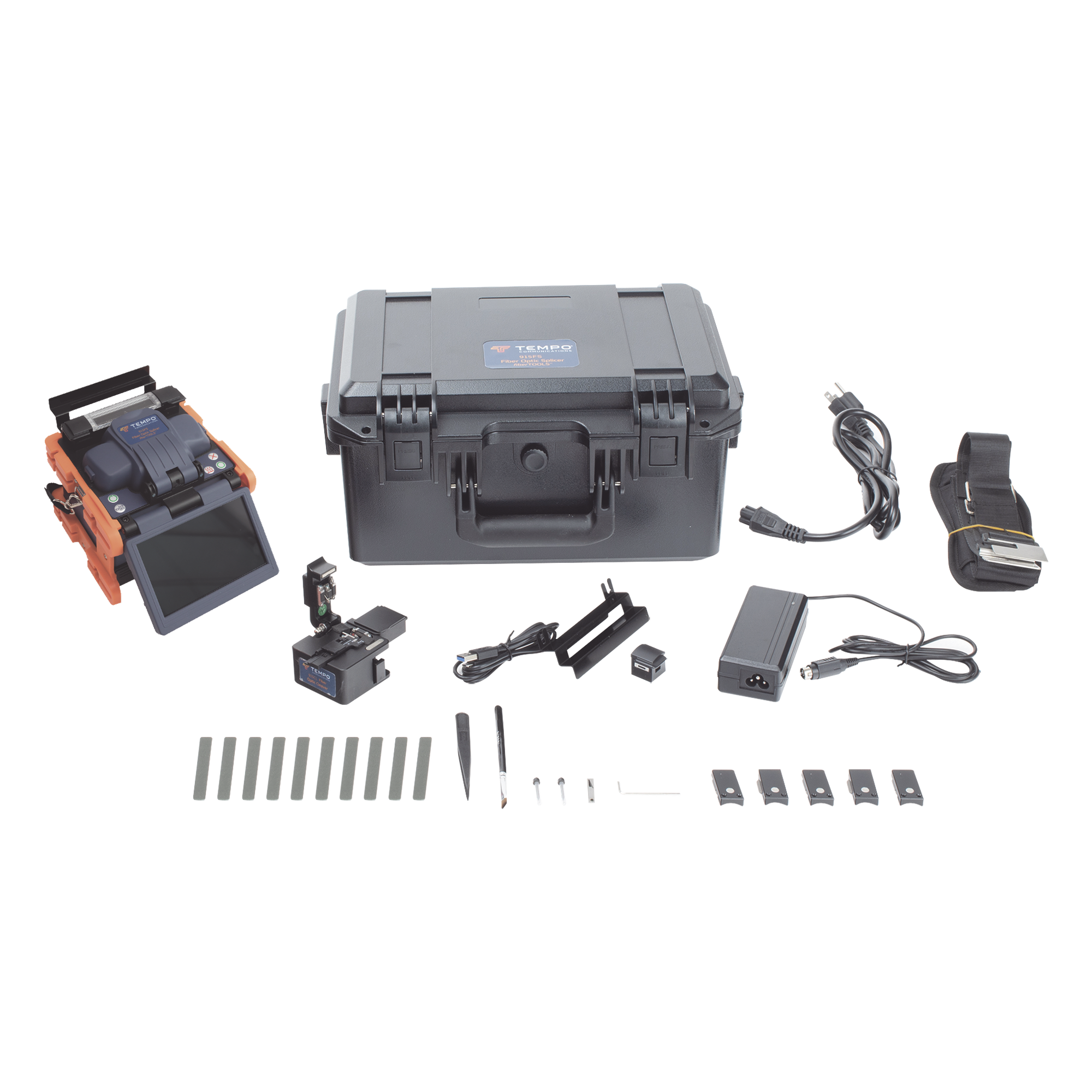 Fusionadora de Fibra Óptica / Alineación Activa por Revestimiento / 4 Motores / Pérdida SM 0.02 dB / Pantalla Touch 5.0" / IP52 / 150 Empalmes por Carga — TEMPO · SKU 915FS-KIT1