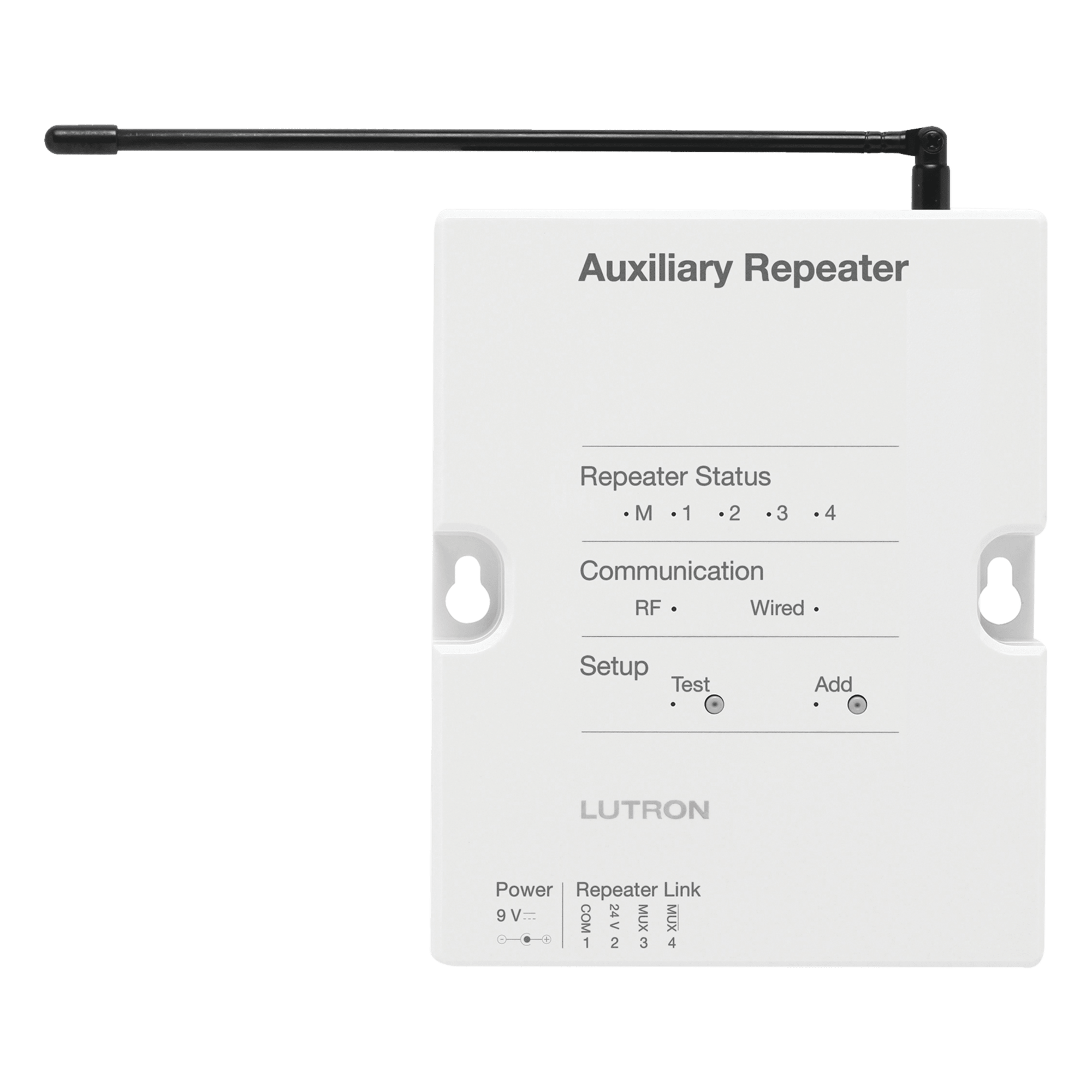 Repetidor RF / Alcance 305 m (1000 ft) / Enlace RS485 o Inalámbrico / Hasta 4 Unidades por Sistema / Memoria ante Fallas — LUTRON ELECTRONICS · SKU RRAUXREP
