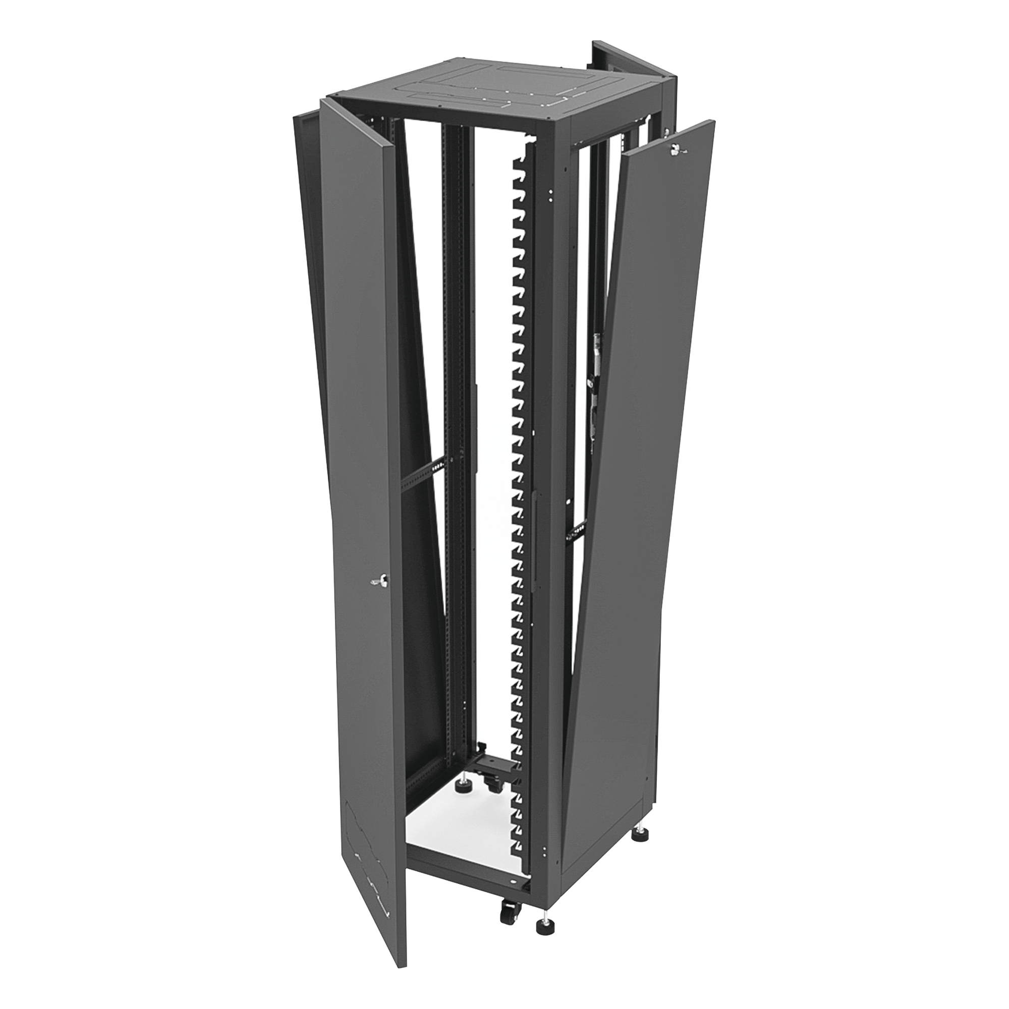 Gabinete Rack 19" / 42UR / 600 x 600 mm / Puerta Seguridad 3 Puntos / Cristal Templado / Laterales Desmontables