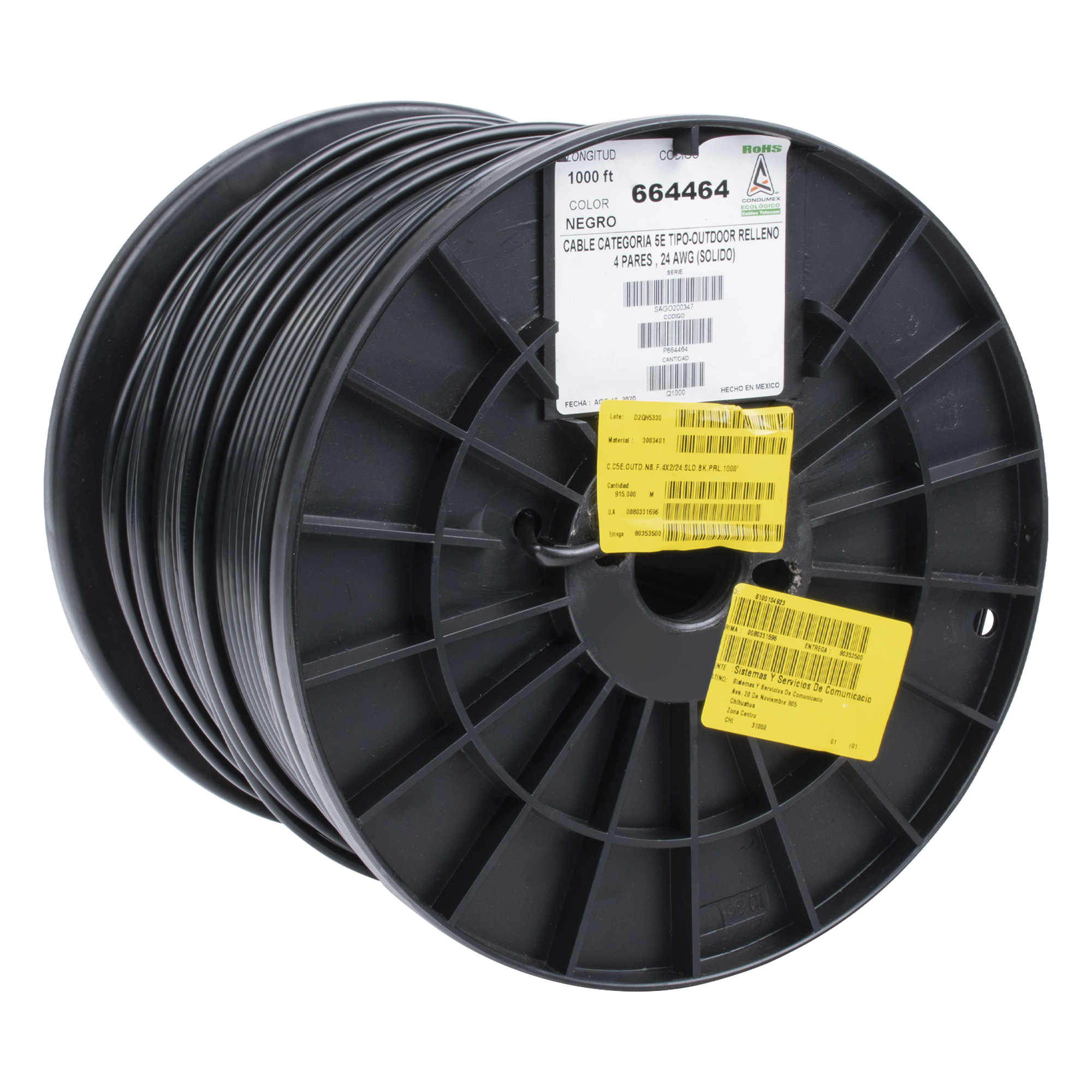 Bobina Cat5e UTP / 305m (1000 pies) / Gel para Exterior / 24 AWG / Negro / -20°C a 75°C — CONDUMEX · SKU 66-44-64/1000