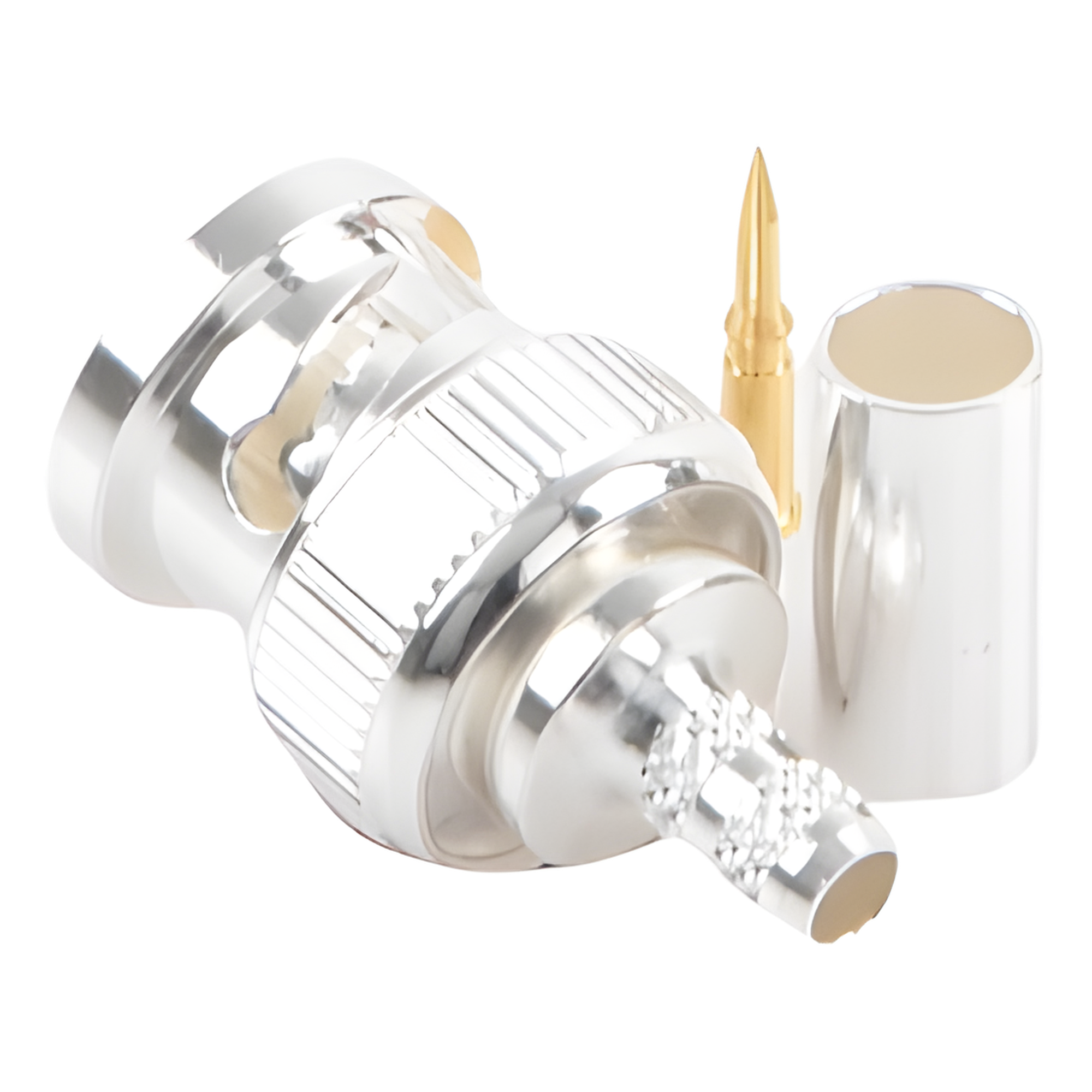 Conector Coaxial BNC Macho / Anillo Plegable / Cuerpo Bronce Plateado / Contacto Oro / Aislante Teflón / Cables RG-58/U, RG-142/U, LMR-195