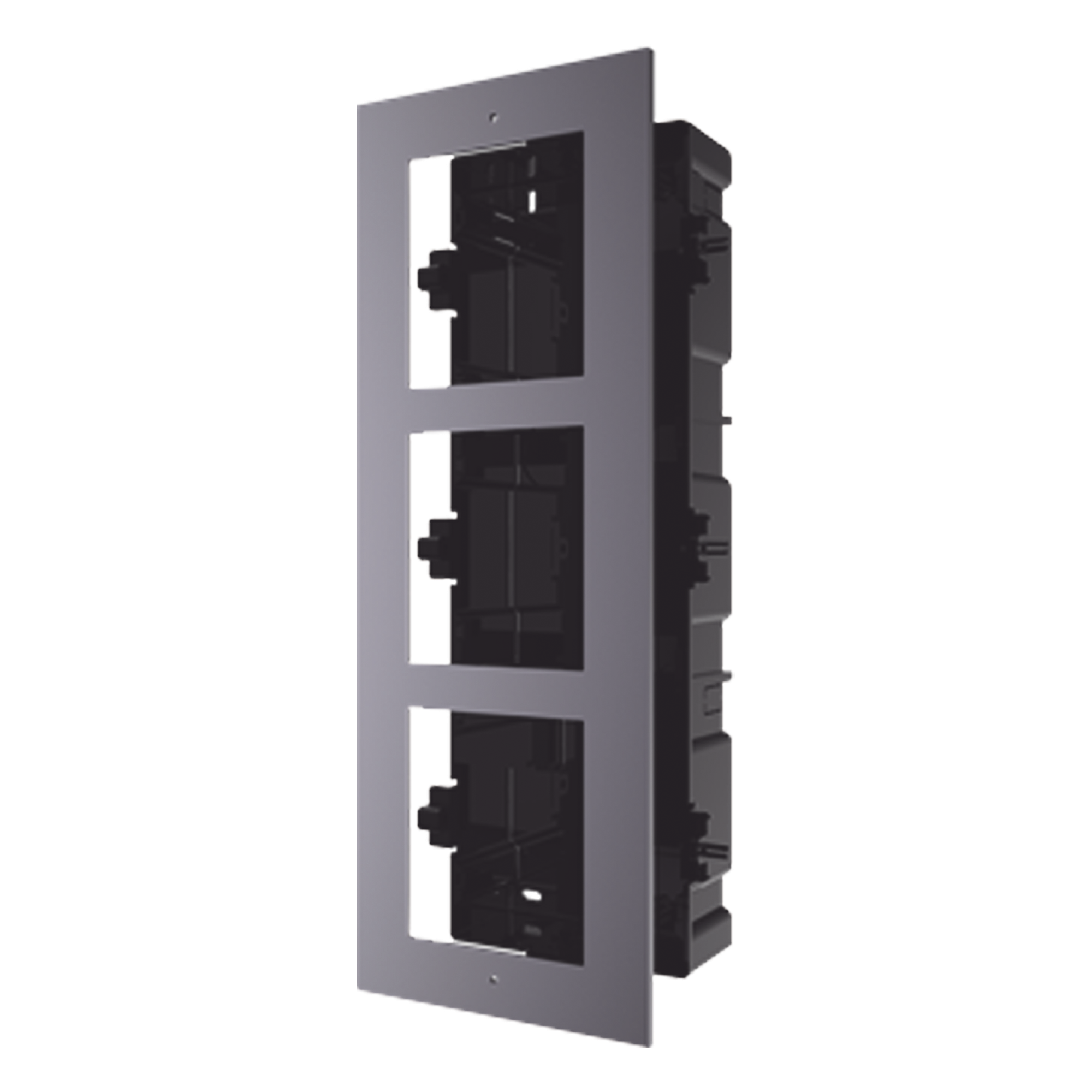 Marco de Instalación Empotrado / 3 Espacios para Módulos de Videoportero / Tapa de Aluminio / Rango Térmico -40°C a +60°C / IP Resistente a Humedad 10%-95% — HIKVISION · SKU DS-KD-ACF3