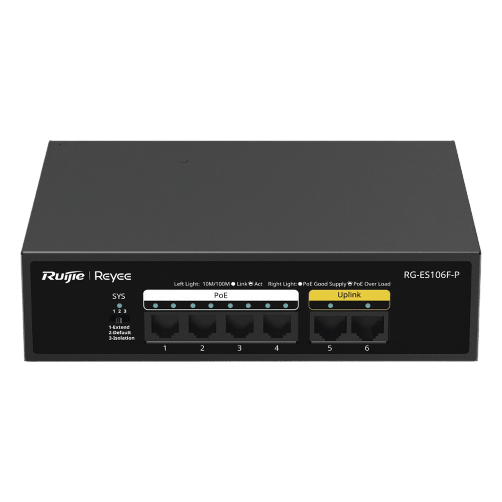 Switch PoE+ / 6 Puertos 10/100 Mbps / 54W PoE Total / No Administrable / Sin Ventilador — RUIJIE · SKU RG-ES106F-P