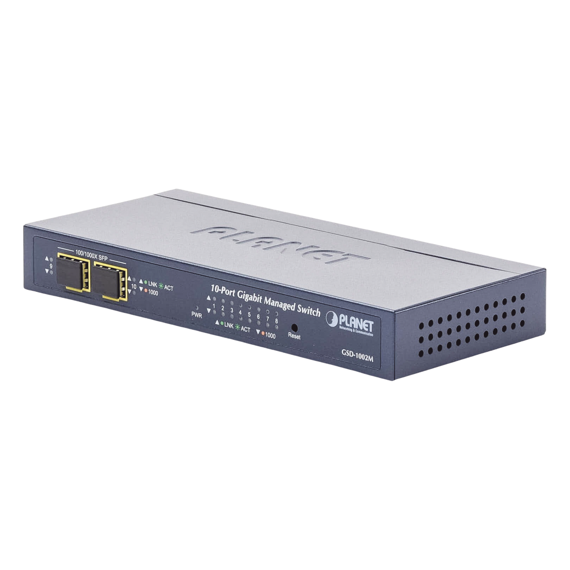 Switch Administrable / 8 Puertos Gigabit / 2 Puertos SFP / 20 Gbps Switching / Alimentación Dual PoE + DC / IPv6/IPv4 / CloudNMS — PLANET · SKU GSD-1002M