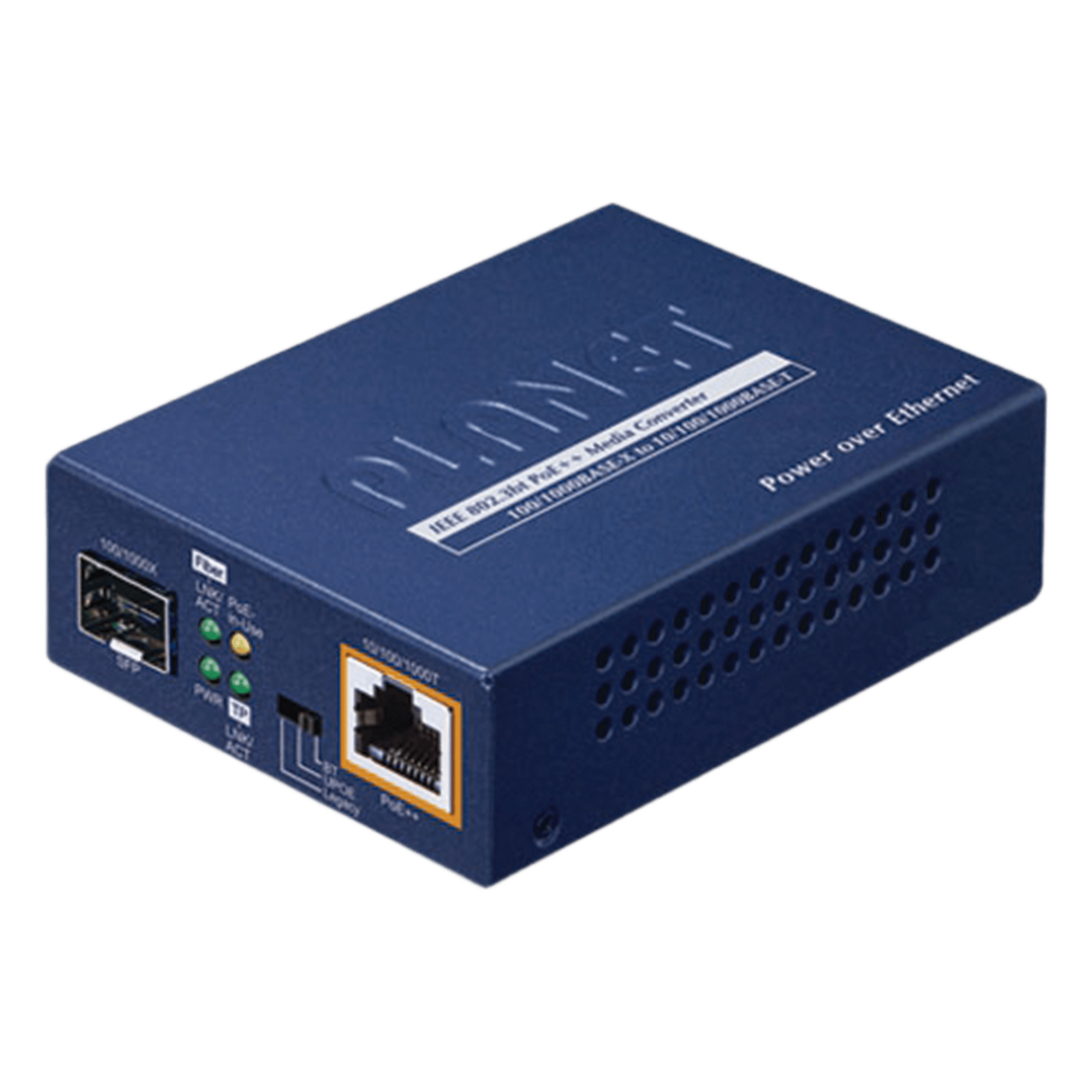 Convertidor de Medios PoE++ / 1x RJ45 Gigabit / 1x SFP 100/1000BASE-X / 60W 802.3bt / Cat5e/6 4-Pares — PLANET · SKU GUP-805A-60W