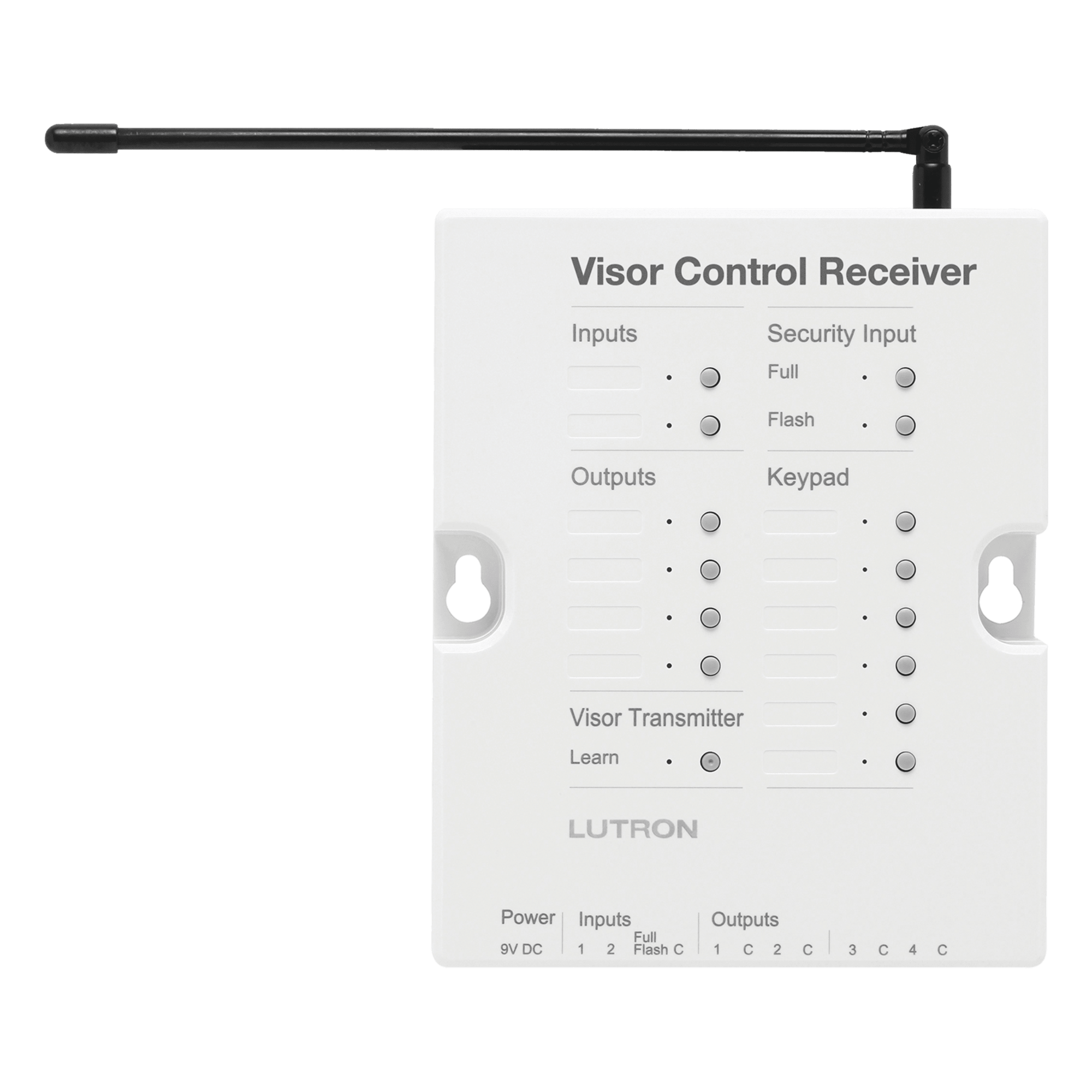 Receptor de Control de Visera / 4 Salidas de Contacto Seco / 2 Entradas de Contacto Seco / Entrada de Seguridad / Hasta 10 Transmisores / RadioRA 2 — LUTRON ELECTRONICS · SKU RRDVCRXWH