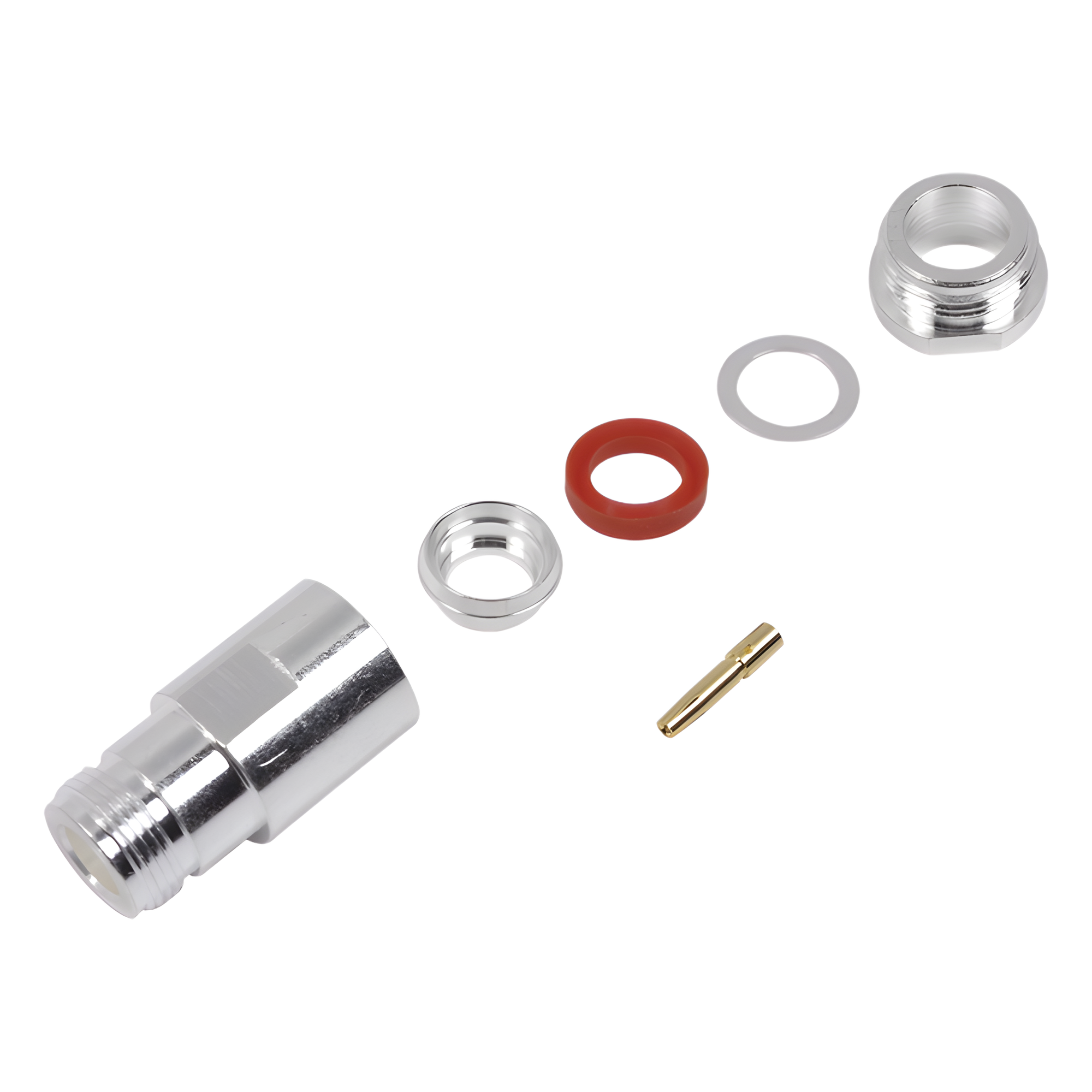 Conector N Hembra de Rosca / Compatibilidad LMR-400 y RG8/U / Bronce Plateado / Contacto Oro / Aislante Teflón — RF INDUSTRIES,LTD · SKU RFN-1024-1SI