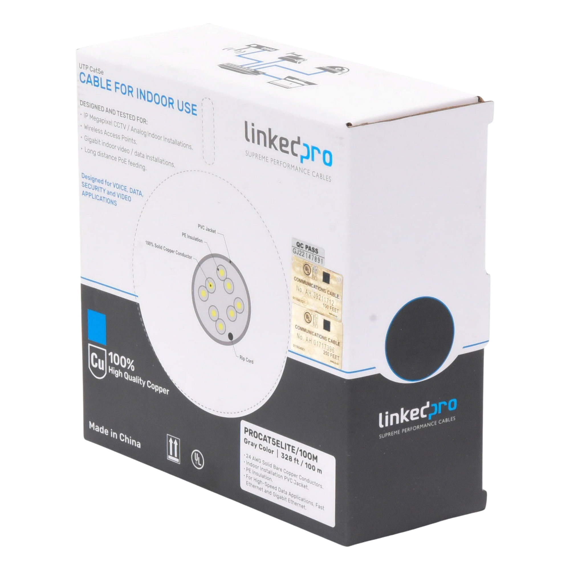Bobina de Cable de 100 Metros (328.08 Pies), Cat5e, 24 AWG, Color Gris, UL, para Aplicaciones en Videovigilancia, Redes de Datos. Uso Interior
