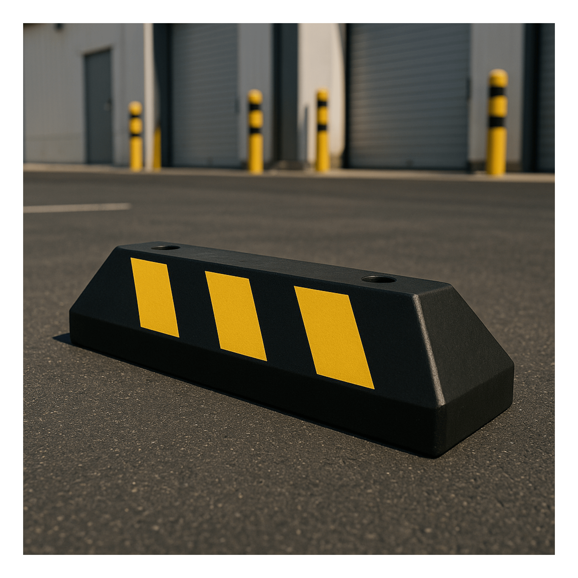 Tope de Estacionamiento Vehicular / Hule Reciclado / 55cm / 1.8ft / Franjas Amarillas Reflejantes / Carga 5 Toneladas — ACCESSPRO · SKU AC55TV-2