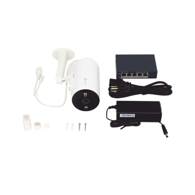 Kit de Videovigilancia PoE / 2 Cámaras IP 3 Megapixel / Switch 4 Puertos PoE+ Gigabit / Visión Nocturna a Color / IP67 / Audio Bidireccional / Luz y Sirena