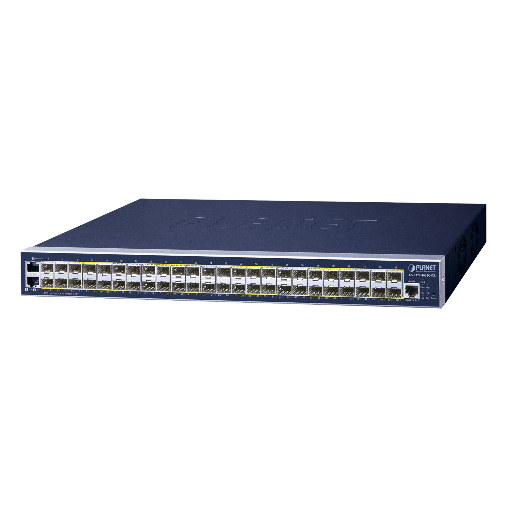 Switch Administrable L3 / 48 Puertos SFP 100/1000 Mbps / 4 Puertos SFP+ 10G / Enrutamiento IP / 176 Gbps — PLANET · SKU GS-6320-46S2C4XR