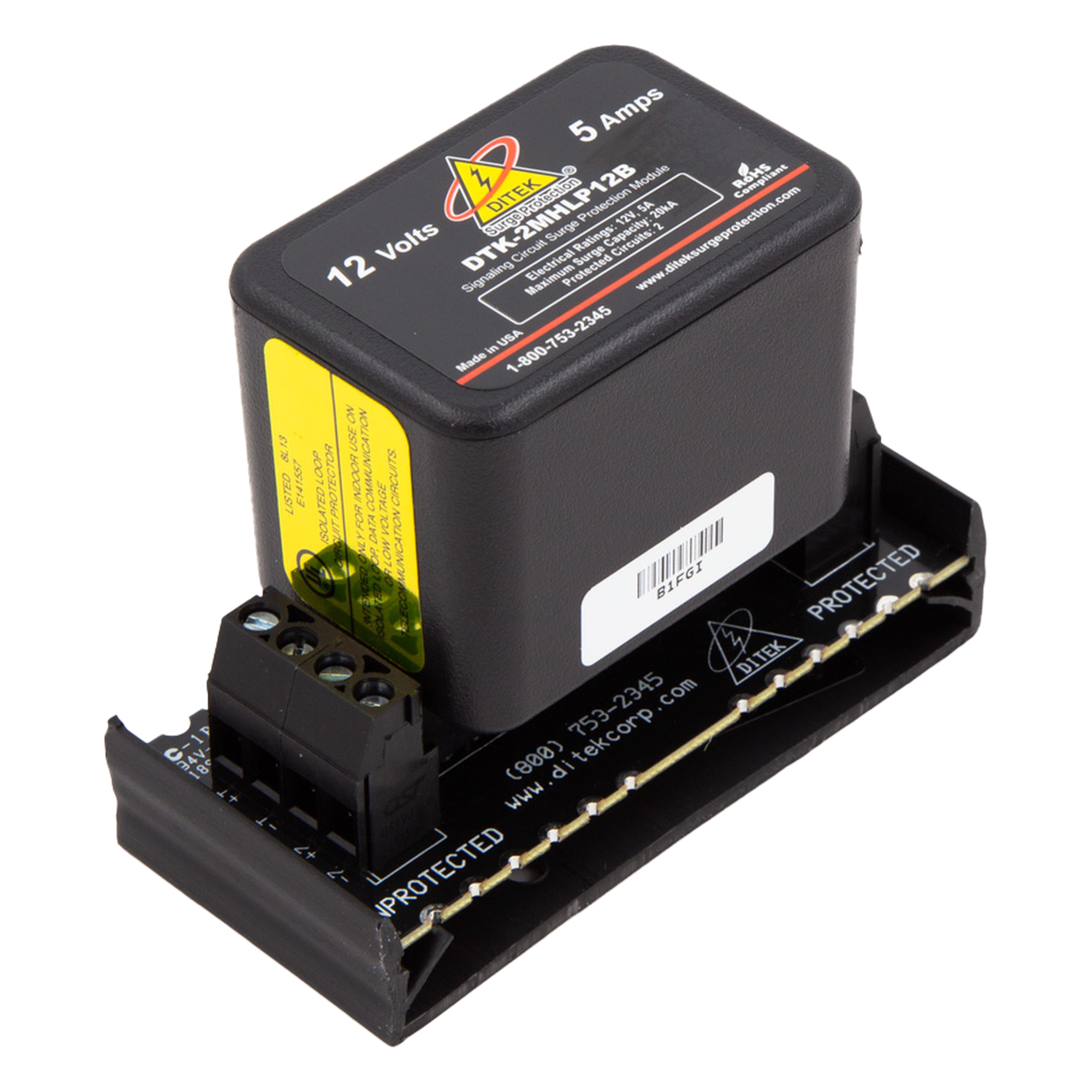 Protector Modular / 2 Pares / 12 V / Hot-Swap / SAD / 20 kA / 2 Mbps / Voz Datos Señalización — DITEK · SKU DTK-2MHLP12BWB