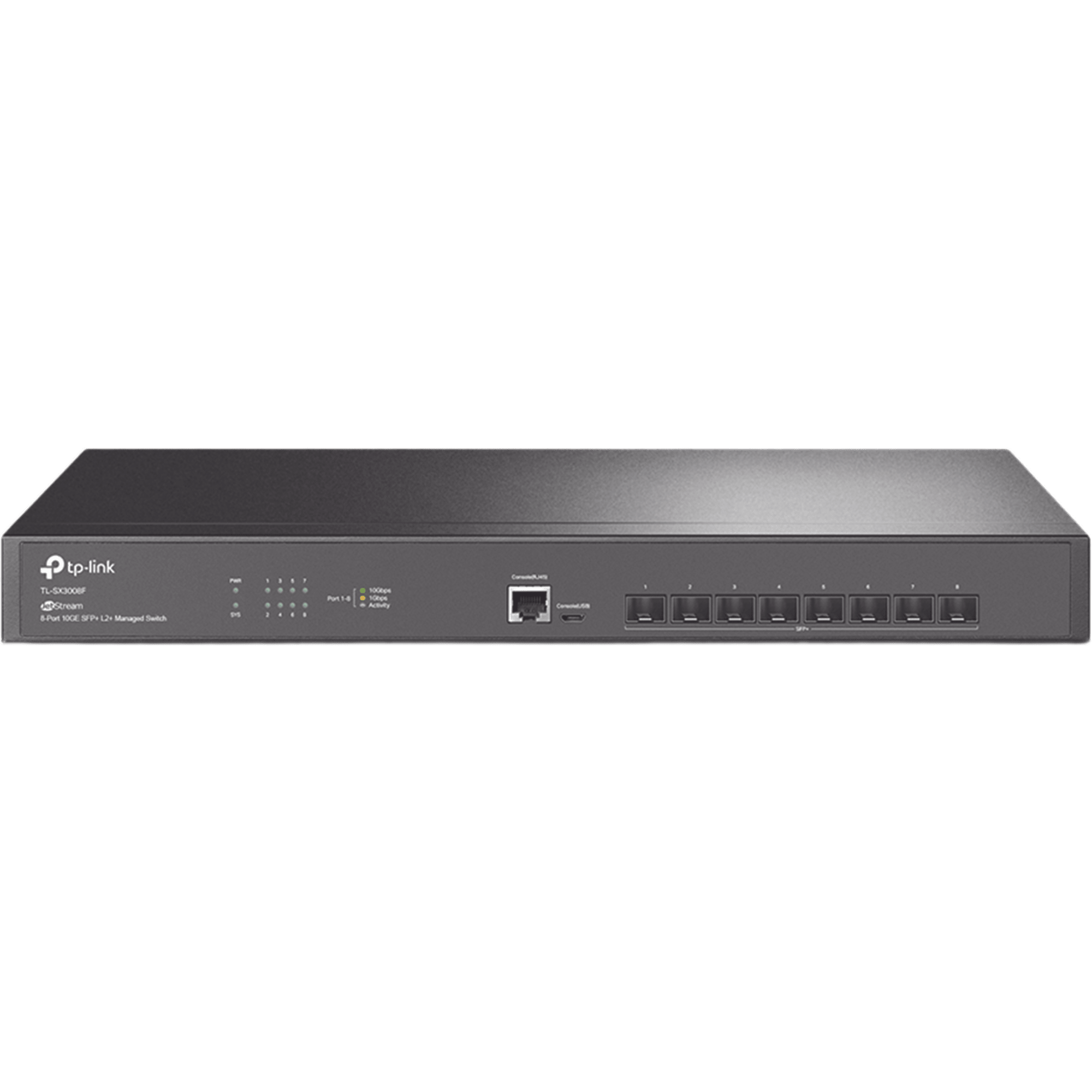 Switch Fibra Óptica L2+ Omada / 8 Puertos SFP+ 10G /  2 Puertos Consola (RJ45 y micro-USB) / Administración Centralizada Omada o Stand-Alone / Multicast IGMP / Calidad de Servicio / Montaje en Rack / Silencioso (sin ventiladores)