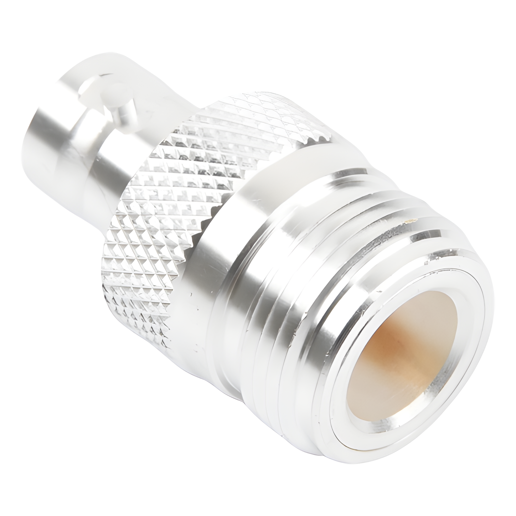 Adaptador Coaxial en Línea / N Hembra a BNC Hembra / Cuerpo Bronce Plateado / Contacto Oro / Aislante Teflón