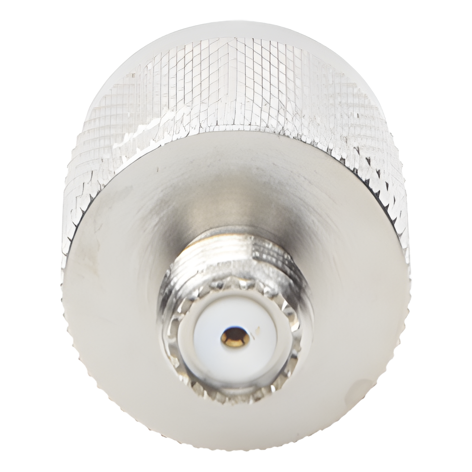 Adaptador Coaxial en Línea / Mini UHF Hembra a N Macho / Cuerpo Bronce Niquelado / Contacto Oro / Aislante Teflón