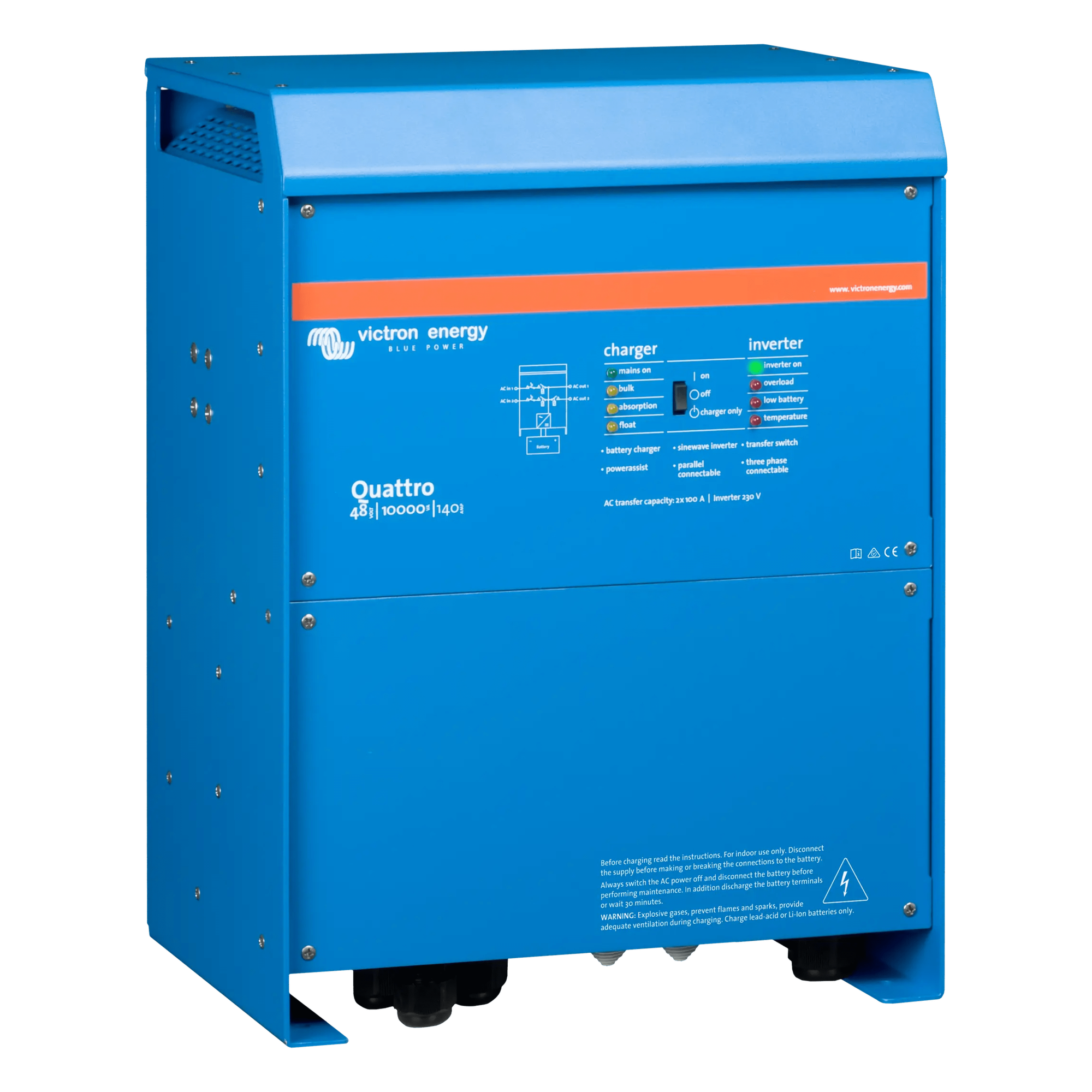 Inversor Cargador de Onda Pura / Entrada 48 Vcc / Salida 8000 W 230 Vca 60 Hz / Conmutación 20 ms / PowerAssist Híbrida / Dos Entradas CA / 10 kVA
