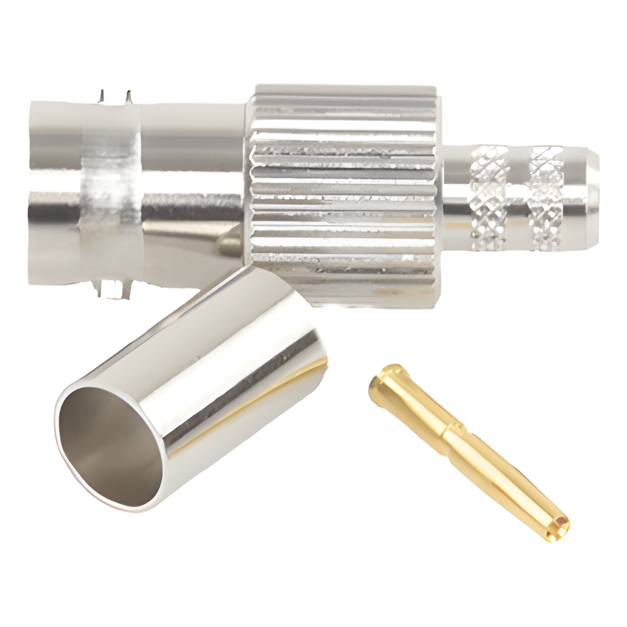 Conector BNC Hembra / 75 Ohm / Anillo Plegable / RG-59/U / Níquel-Oro-Delrin / 28.80 mm